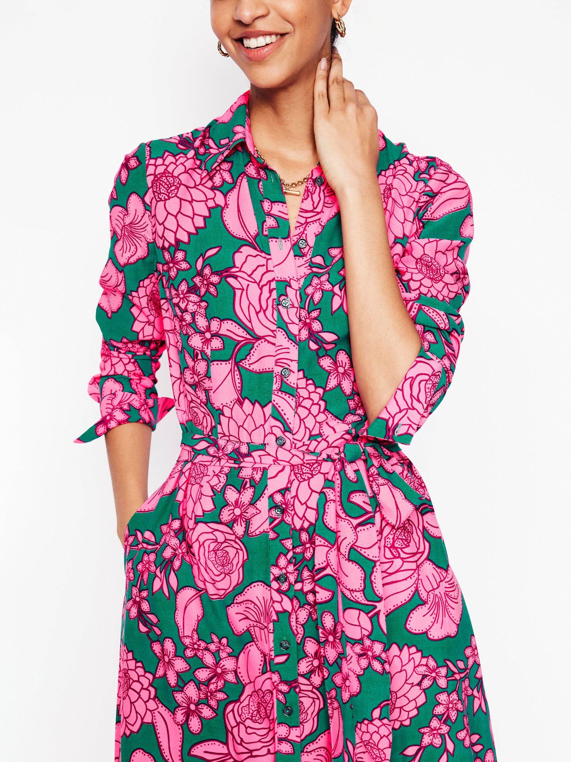 Product image 2 of 5, which shows Boden Kate Floral Midi Shirt Dress, Green/Multi, 8