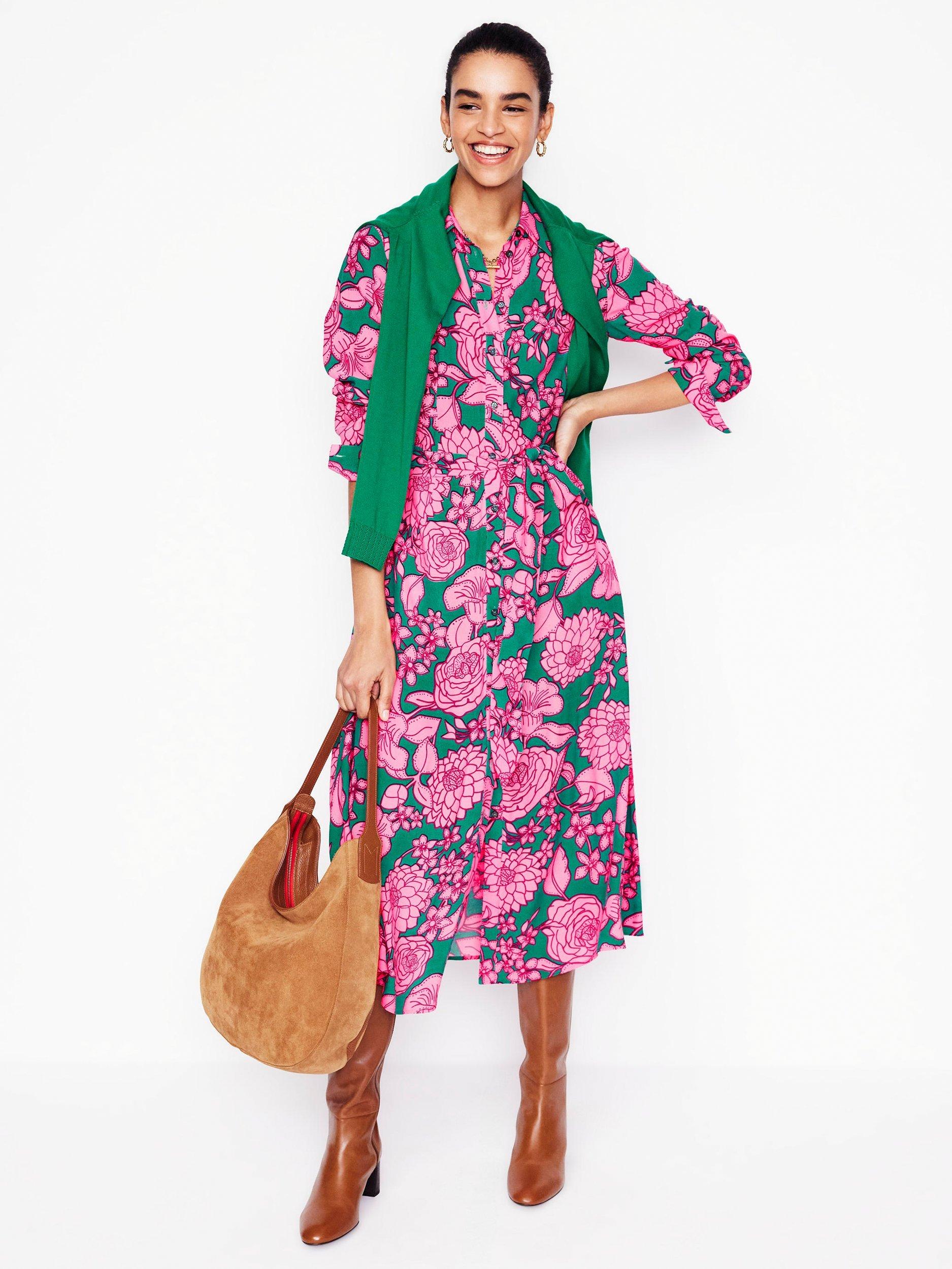 Product image 4 of 5, which shows Boden Kate Floral Midi Shirt Dress, Green/Multi, 8