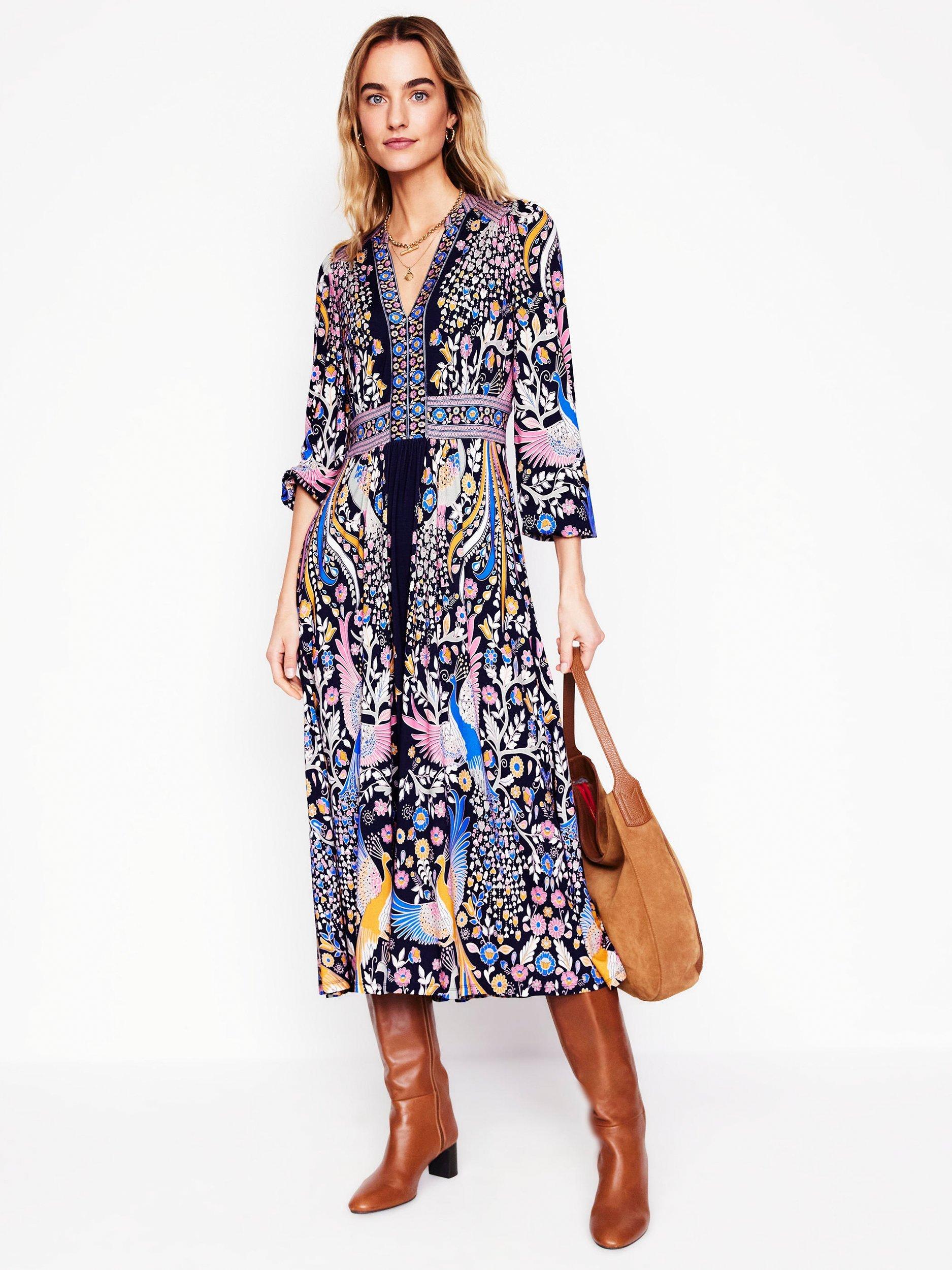 Boden Lily Floral Long Sleeve Midi Dress, Navy/Multi