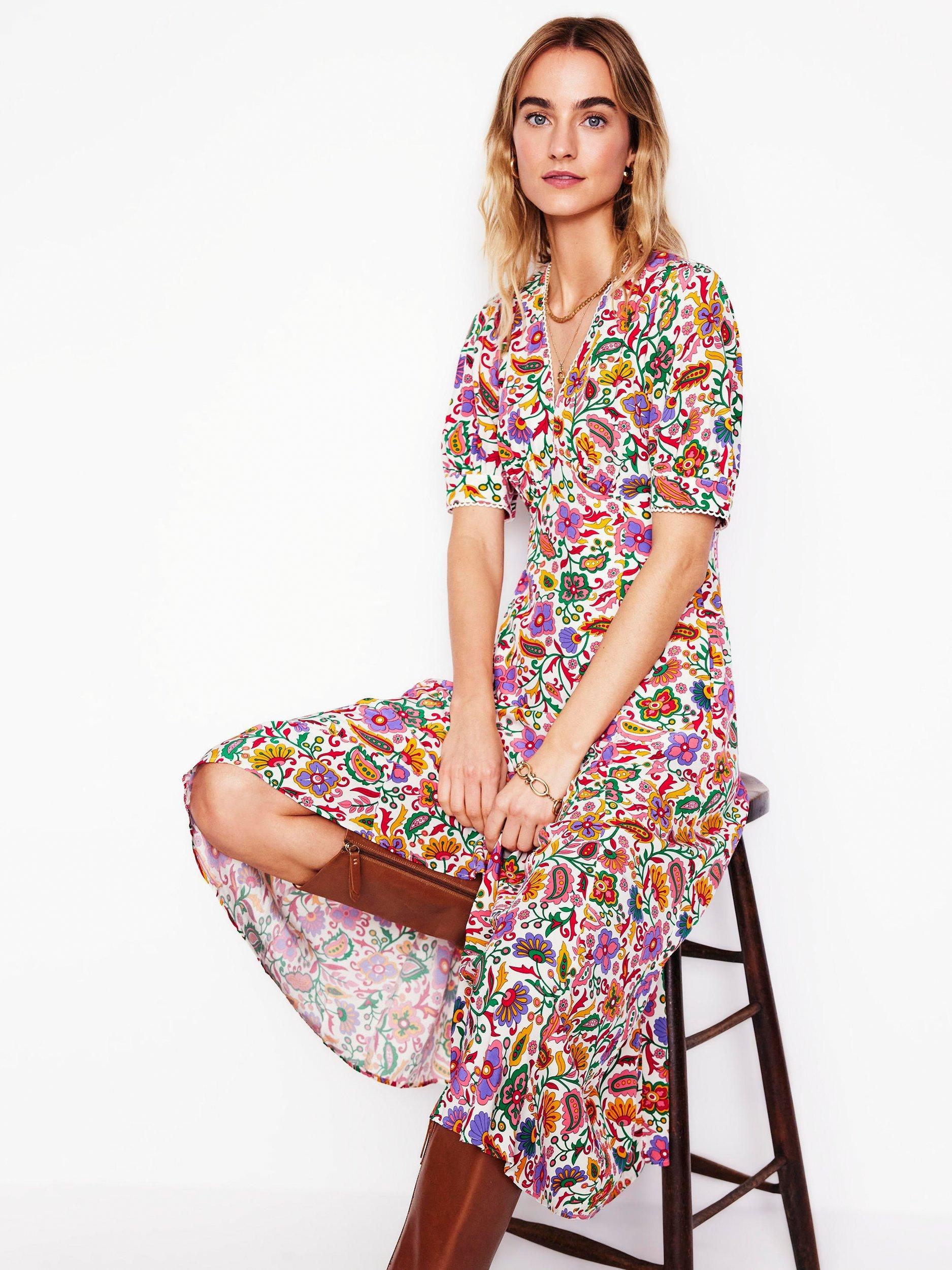 Product image 1 of 8, which shows Boden Rosie Floral Godet Tea Dress, Multi, 8