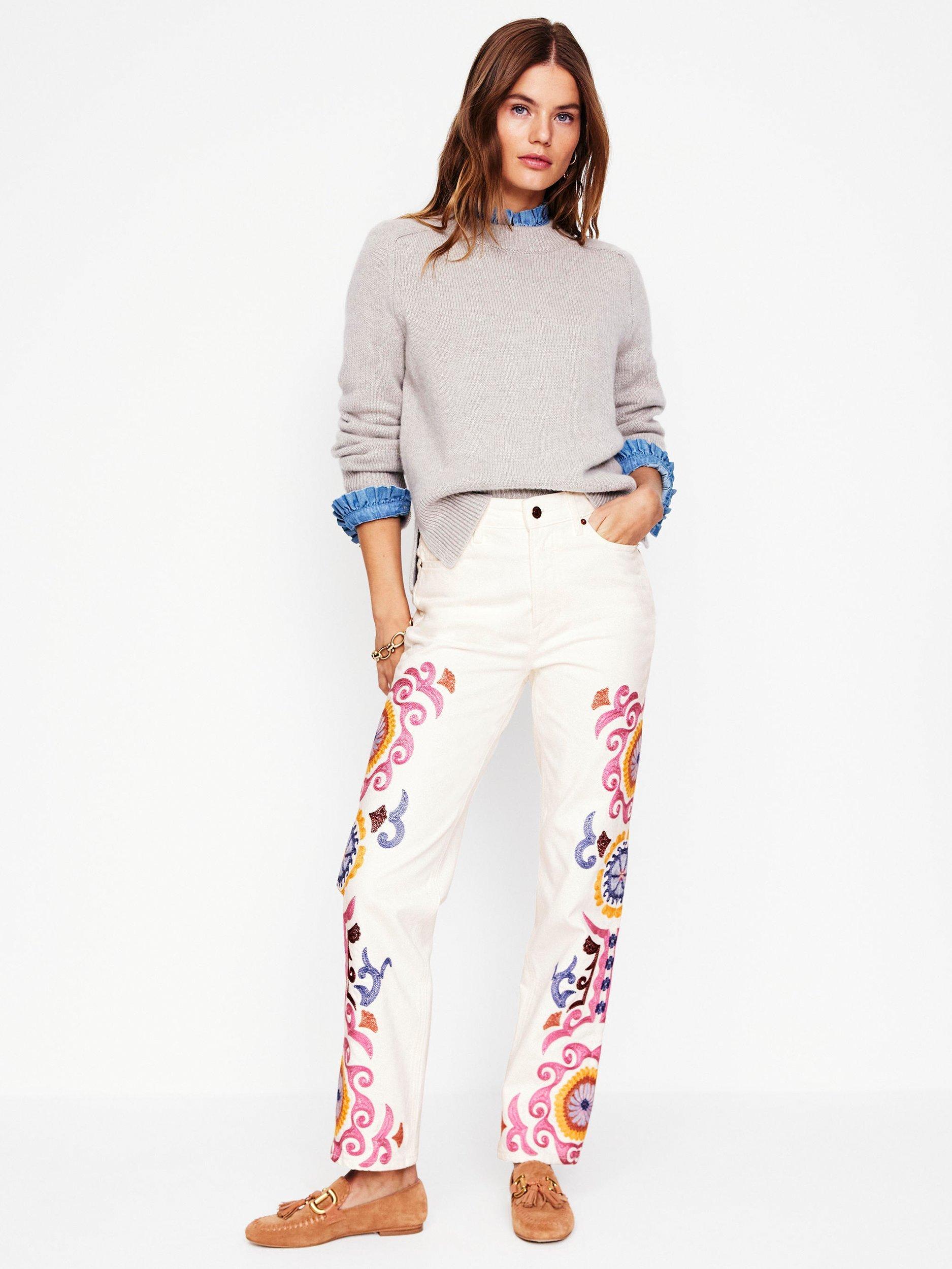 Product image 1 of 5, which shows Boden High Rise Embroidered Jeans, White/Multi, 27R