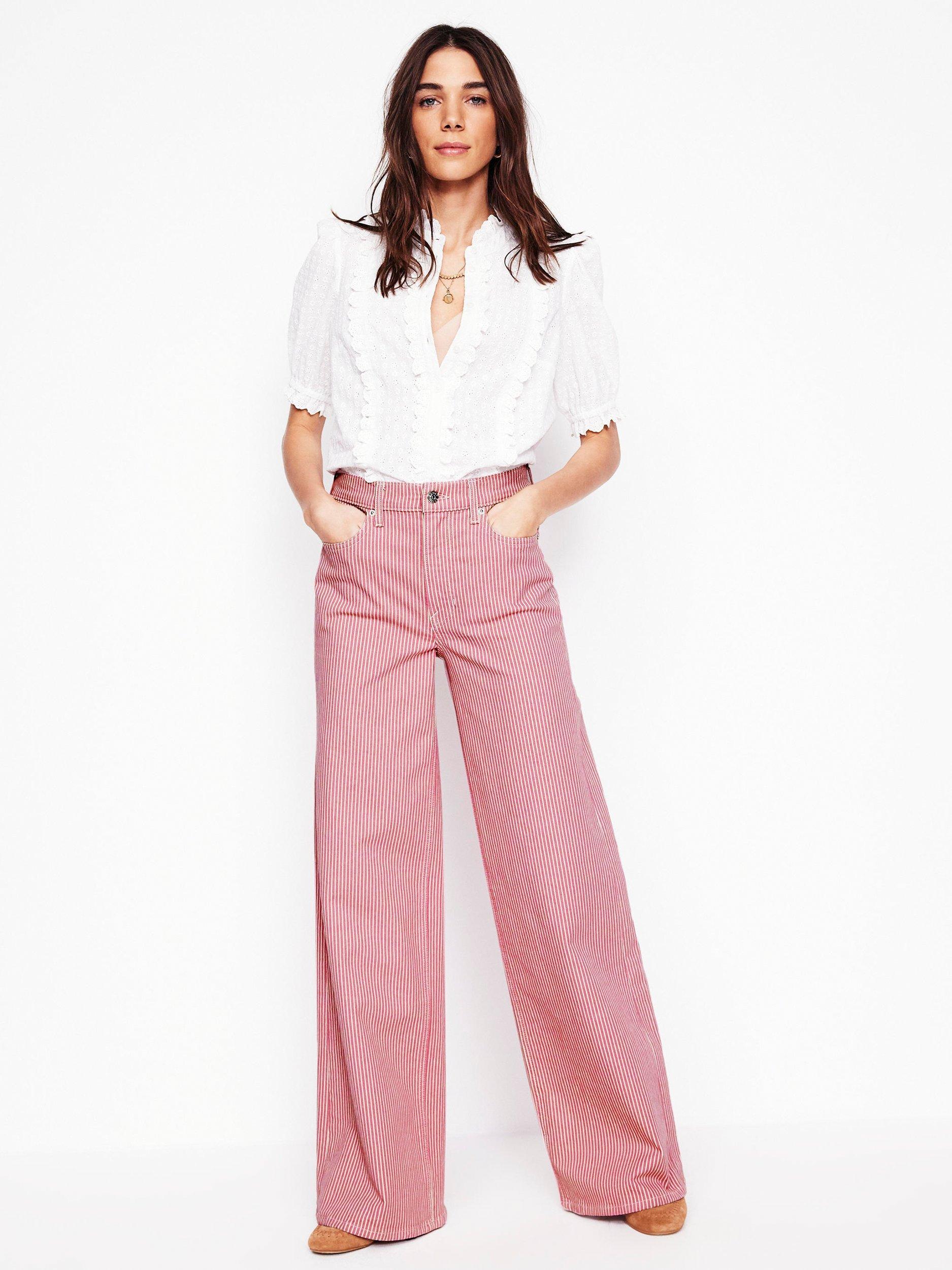 Product image 1 of 6, which shows Boden High Rise Stripe Wide Leg Jeans, Pink/Multi, 27R