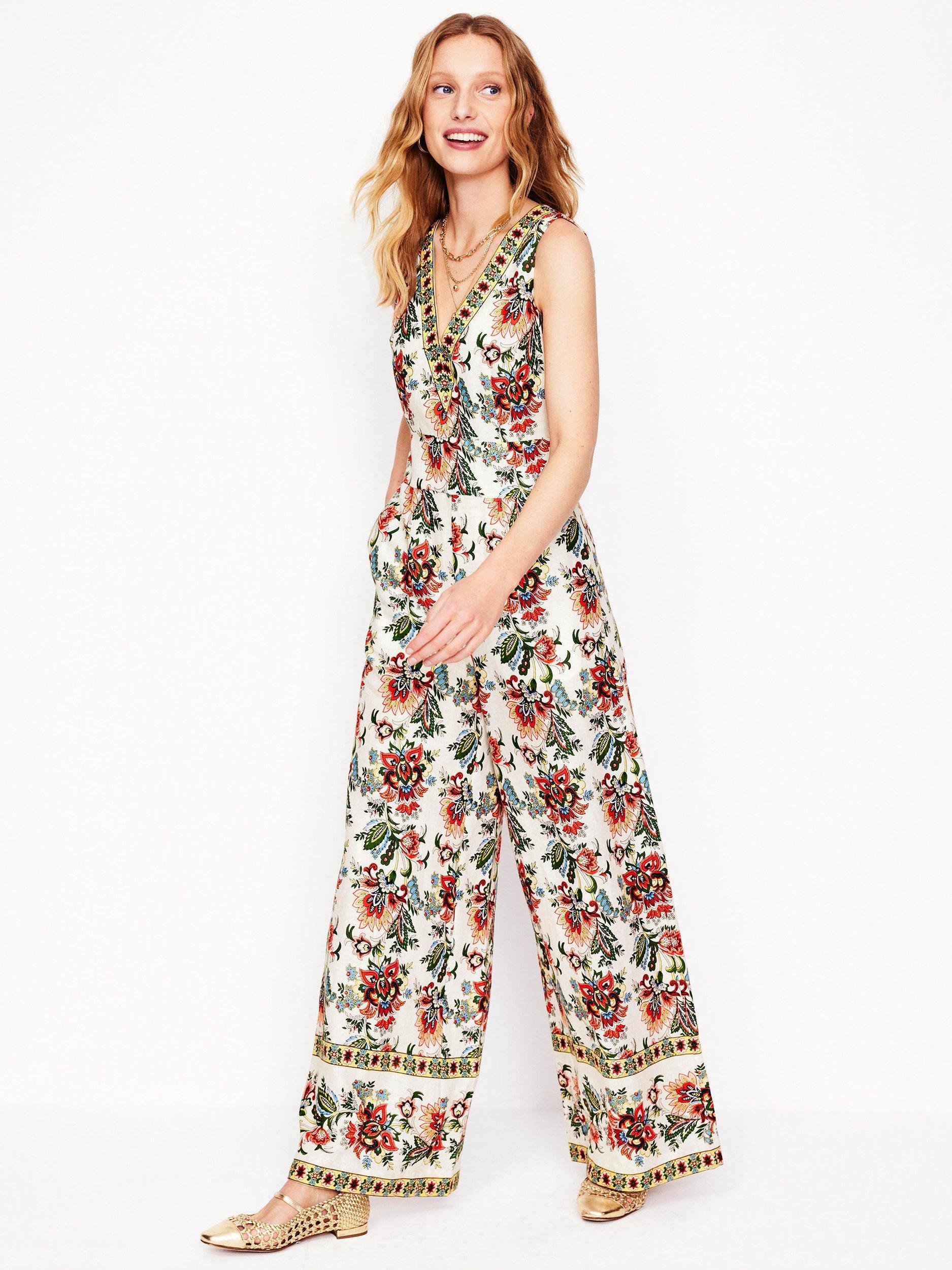 Product image 1 of 5, which shows Boden Floral V-Neck Pure Linen Jumpsuit, Ivory/Multi, 8