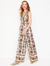 Boden Floral V-Neck Pure Linen Jumpsuit, Ivory/Multi