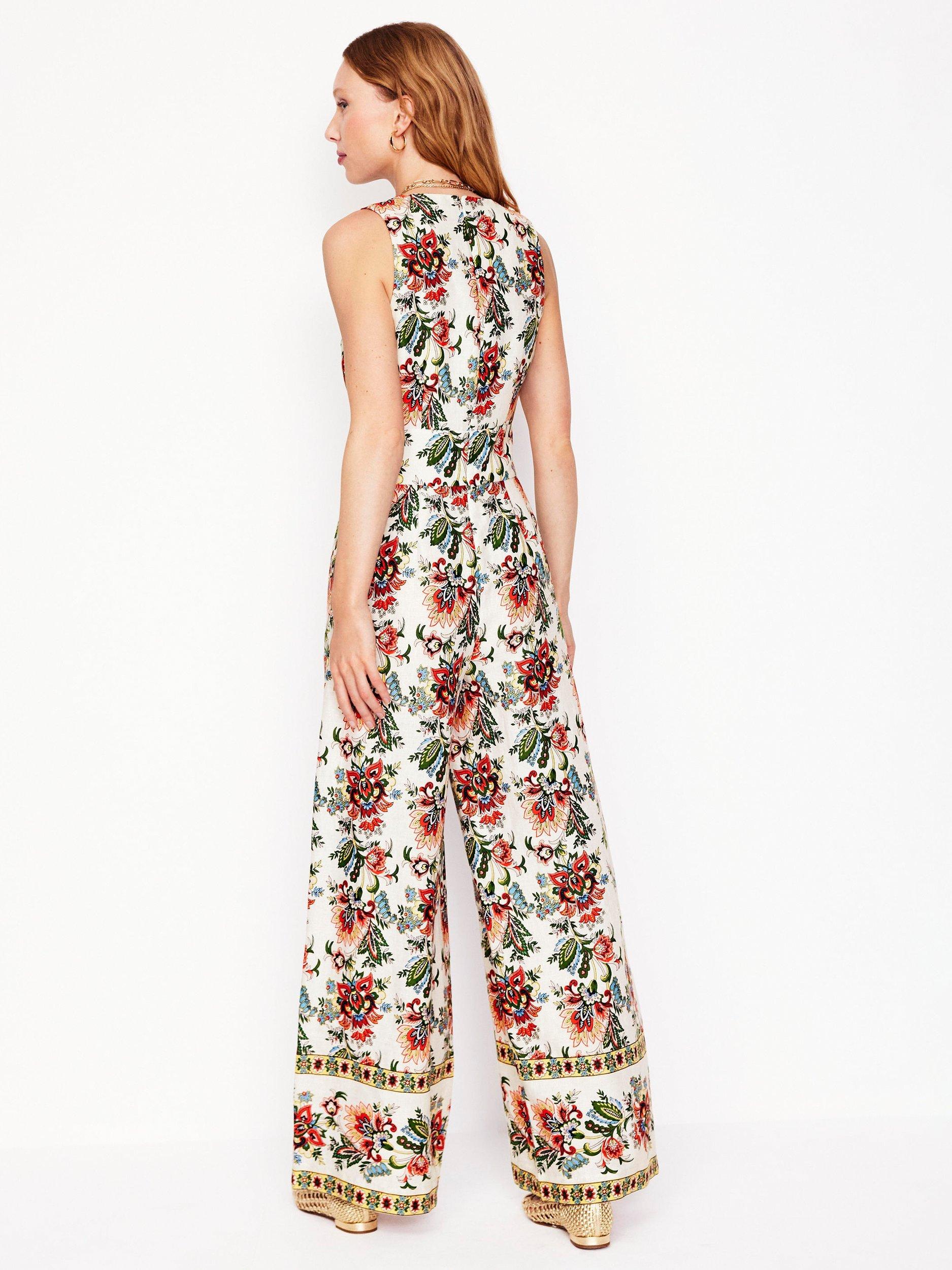 Product image 3 of 5, which shows Boden Floral V-Neck Pure Linen Jumpsuit, Ivory/Multi, 8
