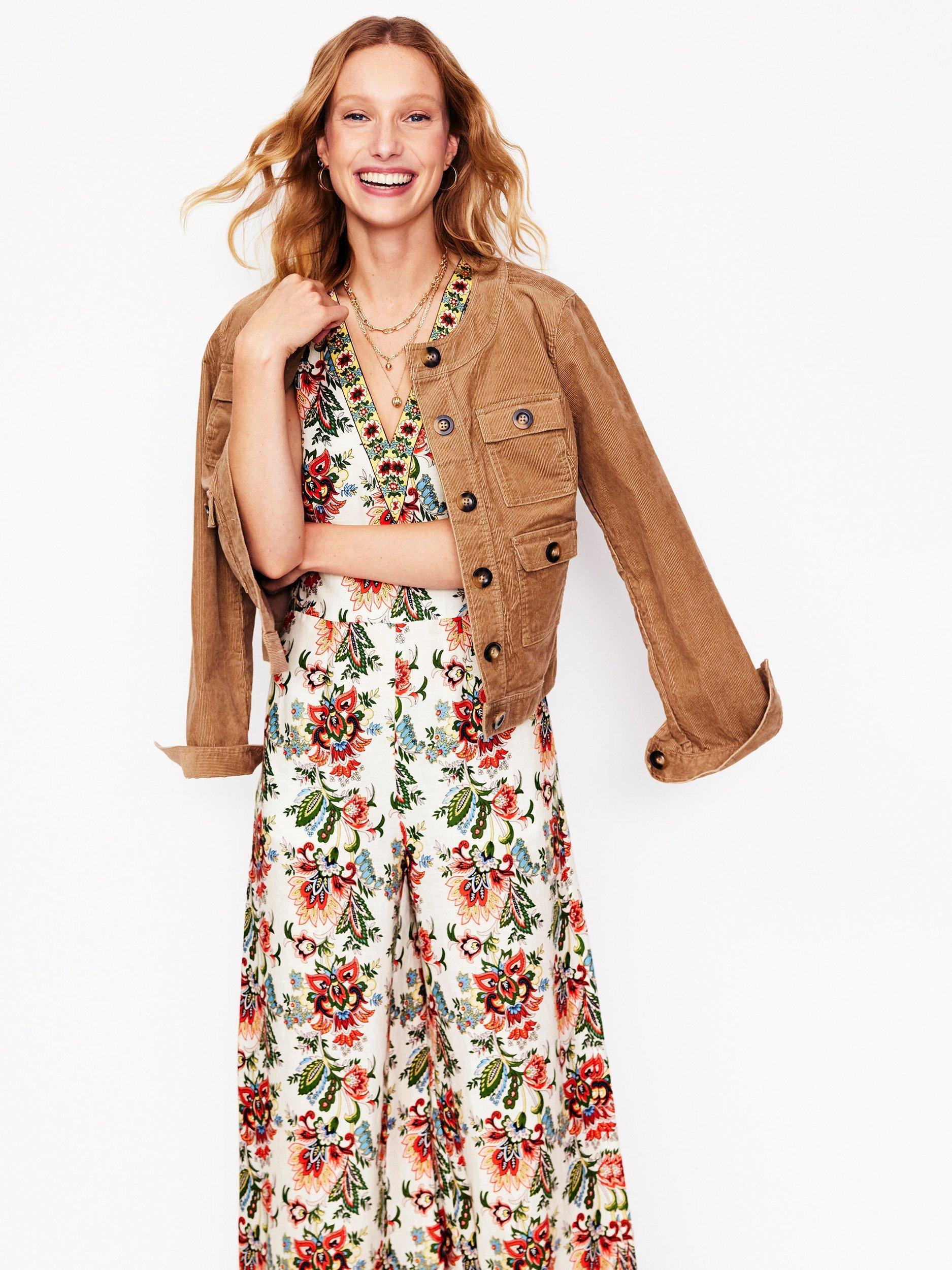 Product image 4 of 5, which shows Boden Floral V-Neck Pure Linen Jumpsuit, Ivory/Multi, 8
