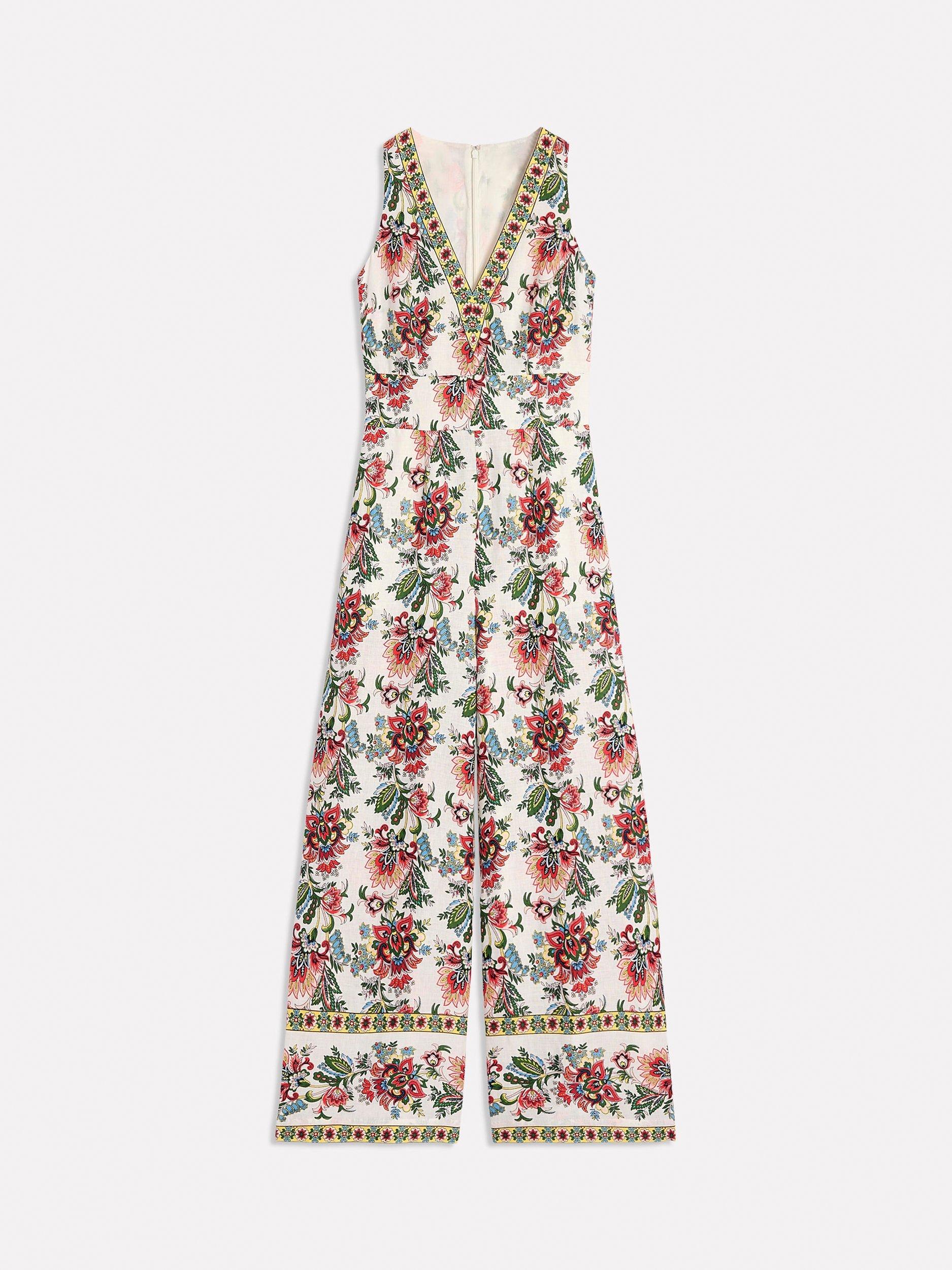 Product image 5 of 5, which shows Boden Floral V-Neck Pure Linen Jumpsuit, Ivory/Multi, 8