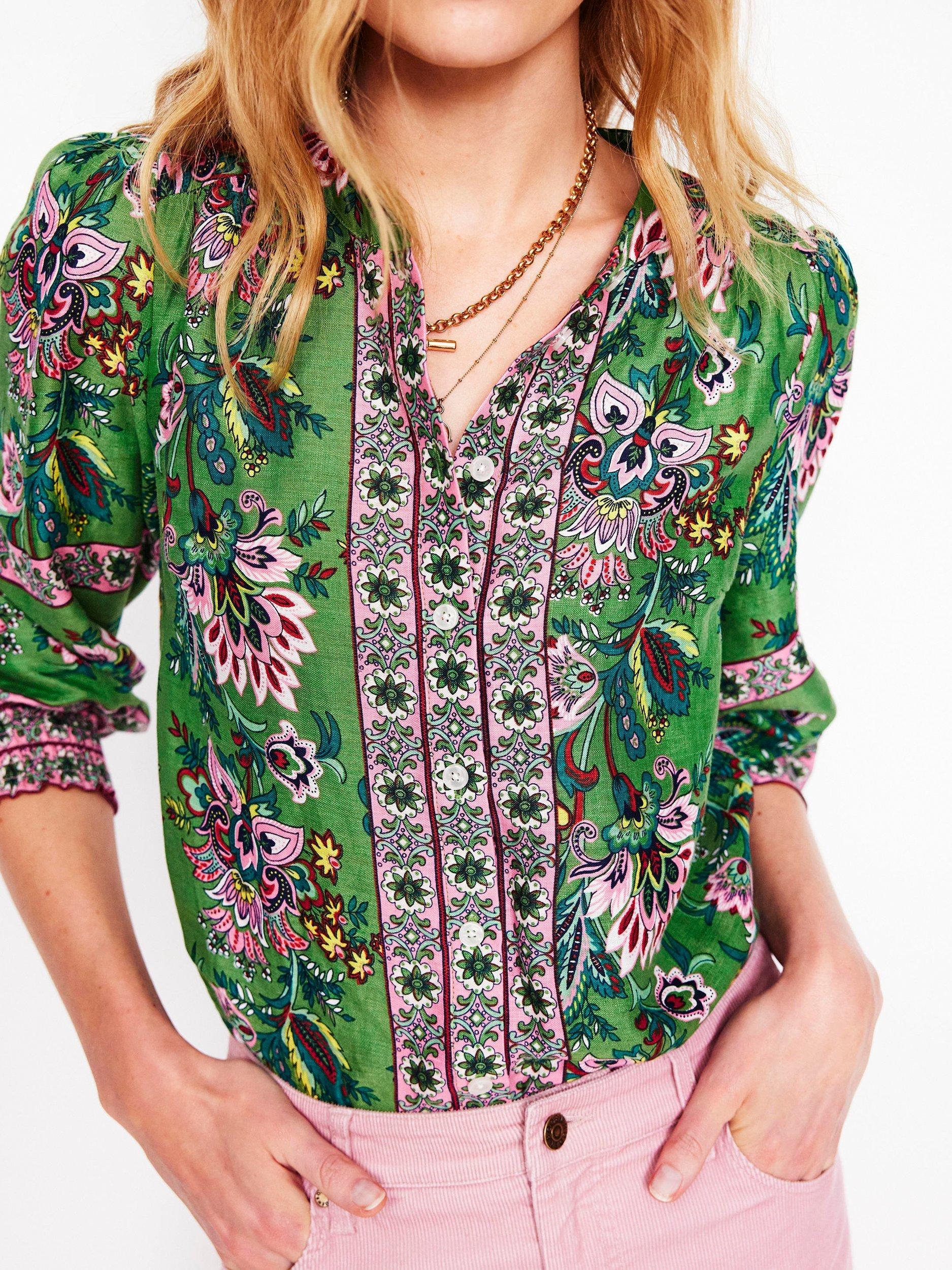 Product image 2 of 6, which shows Boden Alicia Floral Pure Linen Top, Green/Multi, 10