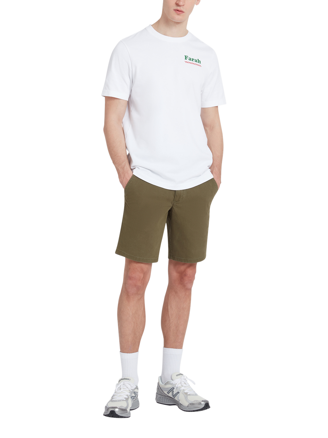 Product image 1 of 5, which shows Farah Hawk Twill Shorts, Olive Green, 30