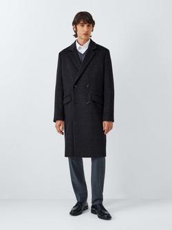 John Lewis Double Breasted Check Wool Blend Overcoat, Charcoal