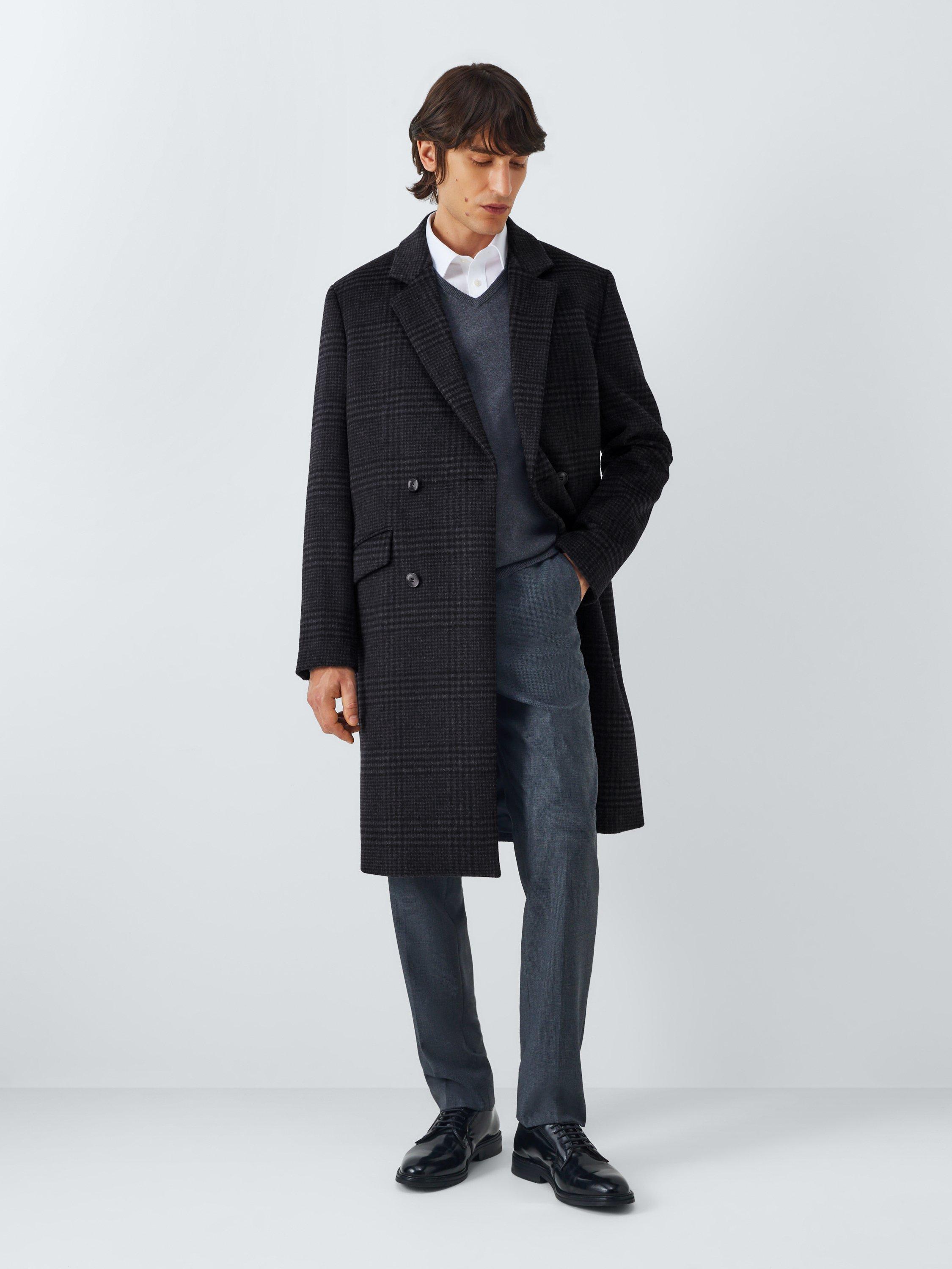Product image 3 of 6, which shows John Lewis Double Breasted Check Wool Blend Overcoat, Charcoal, S