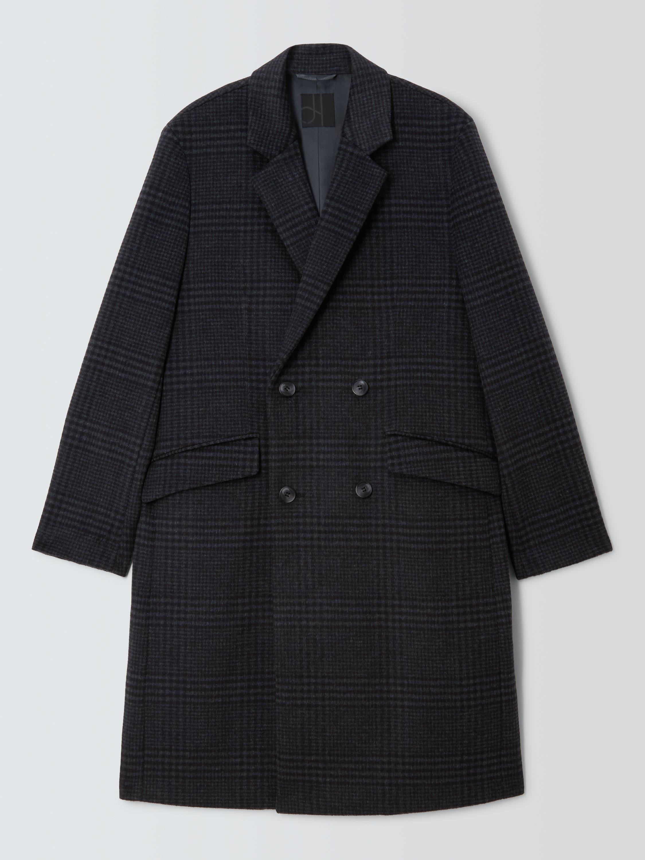 Product image 4 of 6, which shows John Lewis Double Breasted Check Wool Blend Overcoat, Charcoal, S