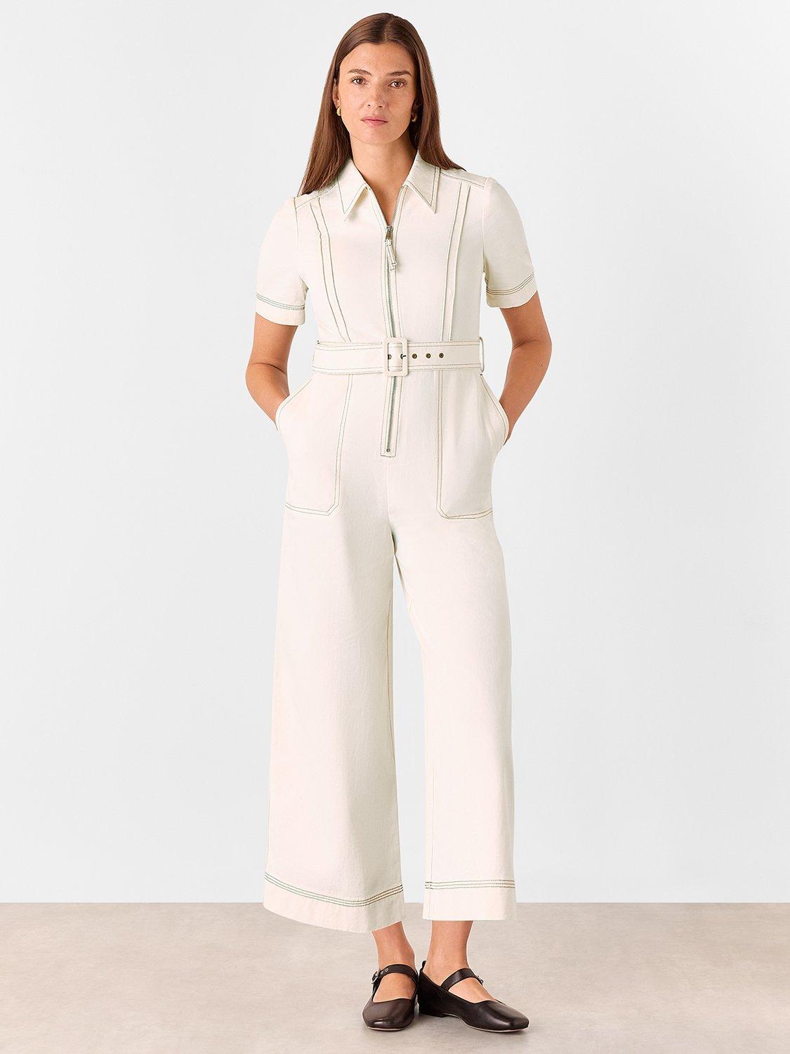 Product image 1 of 6, which shows Whistles Denim Pintuck Belted Jumpsuit, Ivory, 6