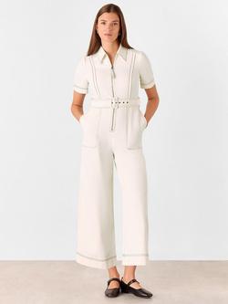 Whistles Denim Pintuck Belted Jumpsuit, Ivory, Ivory