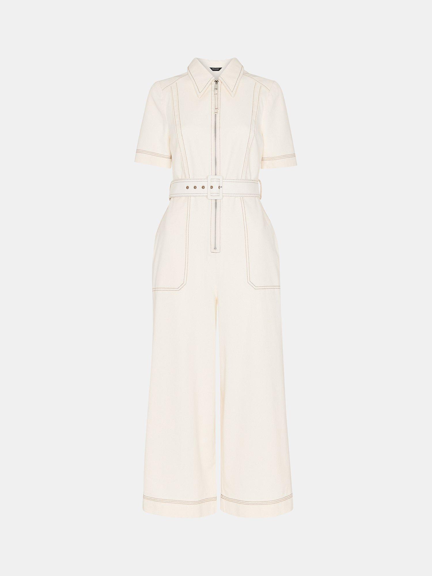 Product image 6 of 6, which shows Whistles Denim Pintuck Belted Jumpsuit, Ivory, 6