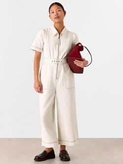 Whistles Petite Denim Pintuck Belted Jumpsuit, Ivory, Ivory