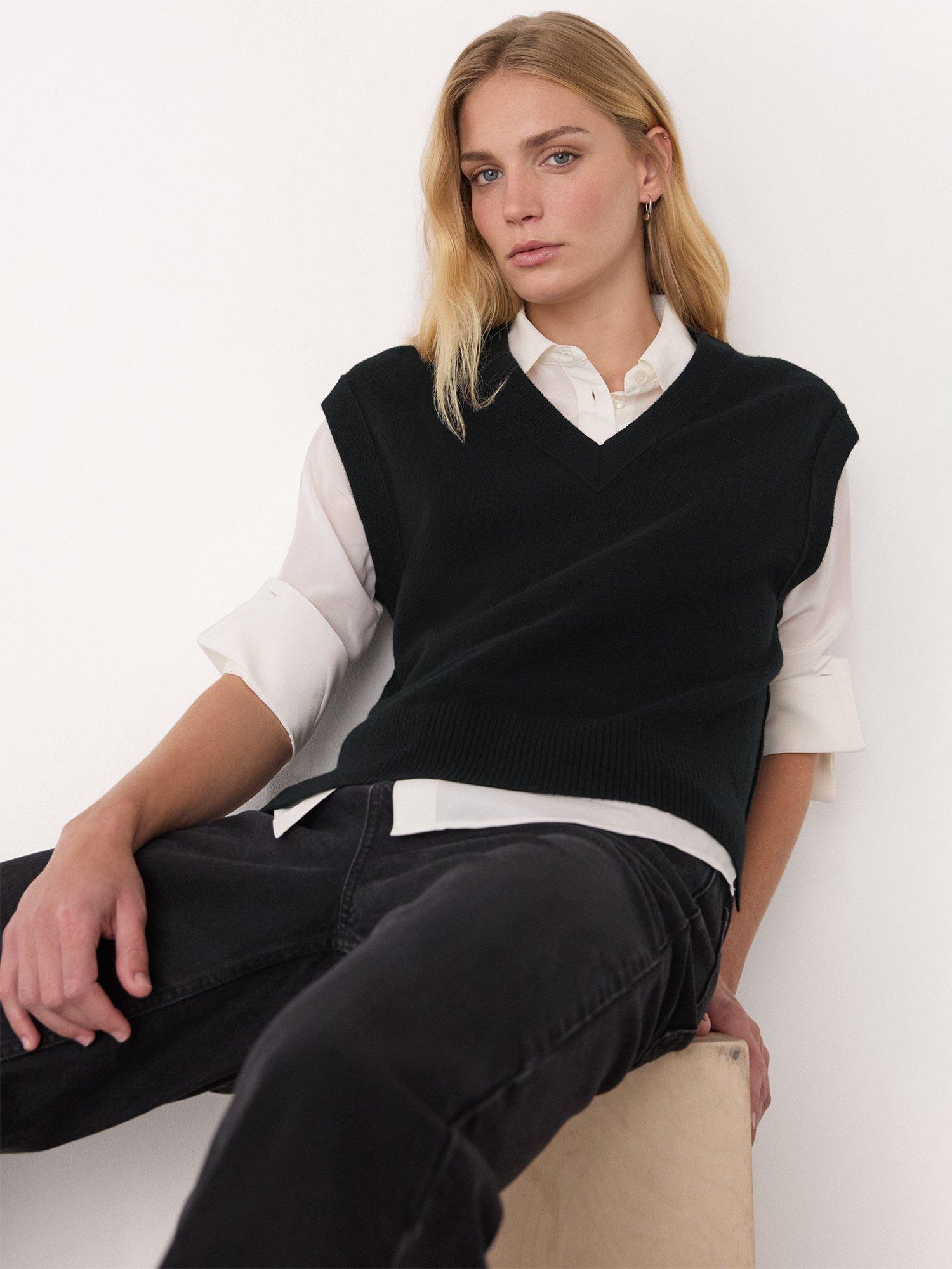 Product image 1 of 6, which shows Whistles Pure Wool Sleeveless V-Neck Tank Top, Black, XS