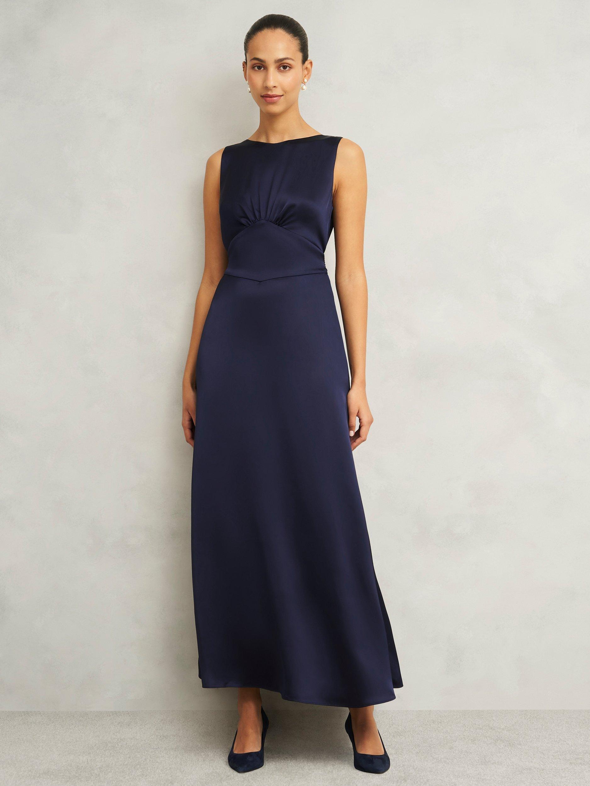 Product image 1 of 7, which shows Hobbs Jemma Satin Empire Line Maxi Dress, Midnight Navy, 10