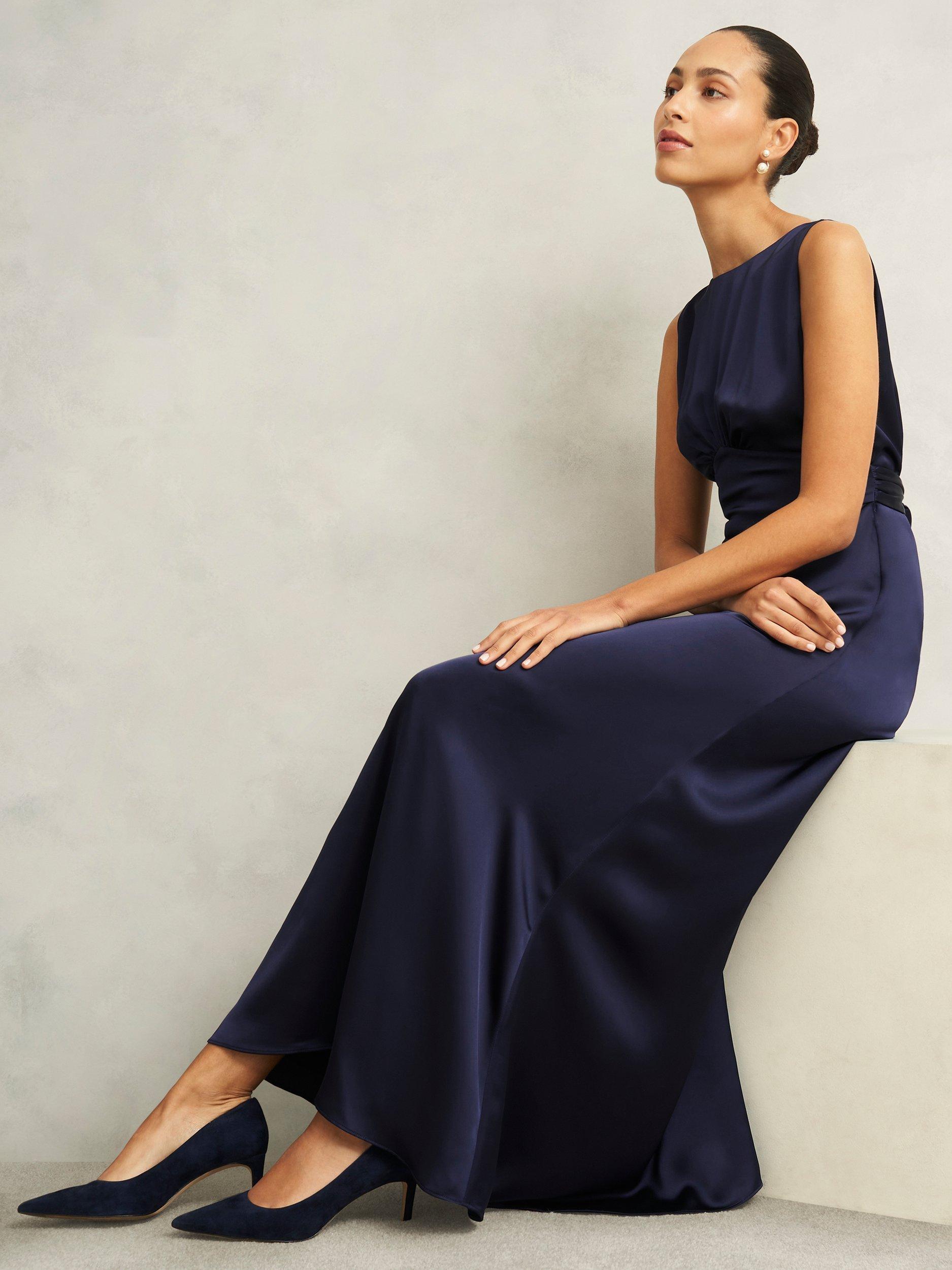 Product image 7 of 7, which shows Hobbs Jemma Satin Empire Line Maxi Dress, Midnight Navy, 10