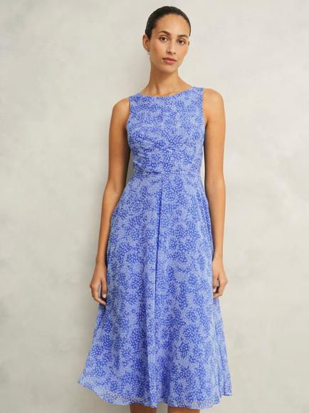 Hobbs Petite Jess Sleeveless Flared Dress, Blue/Multi, Blue/Multi