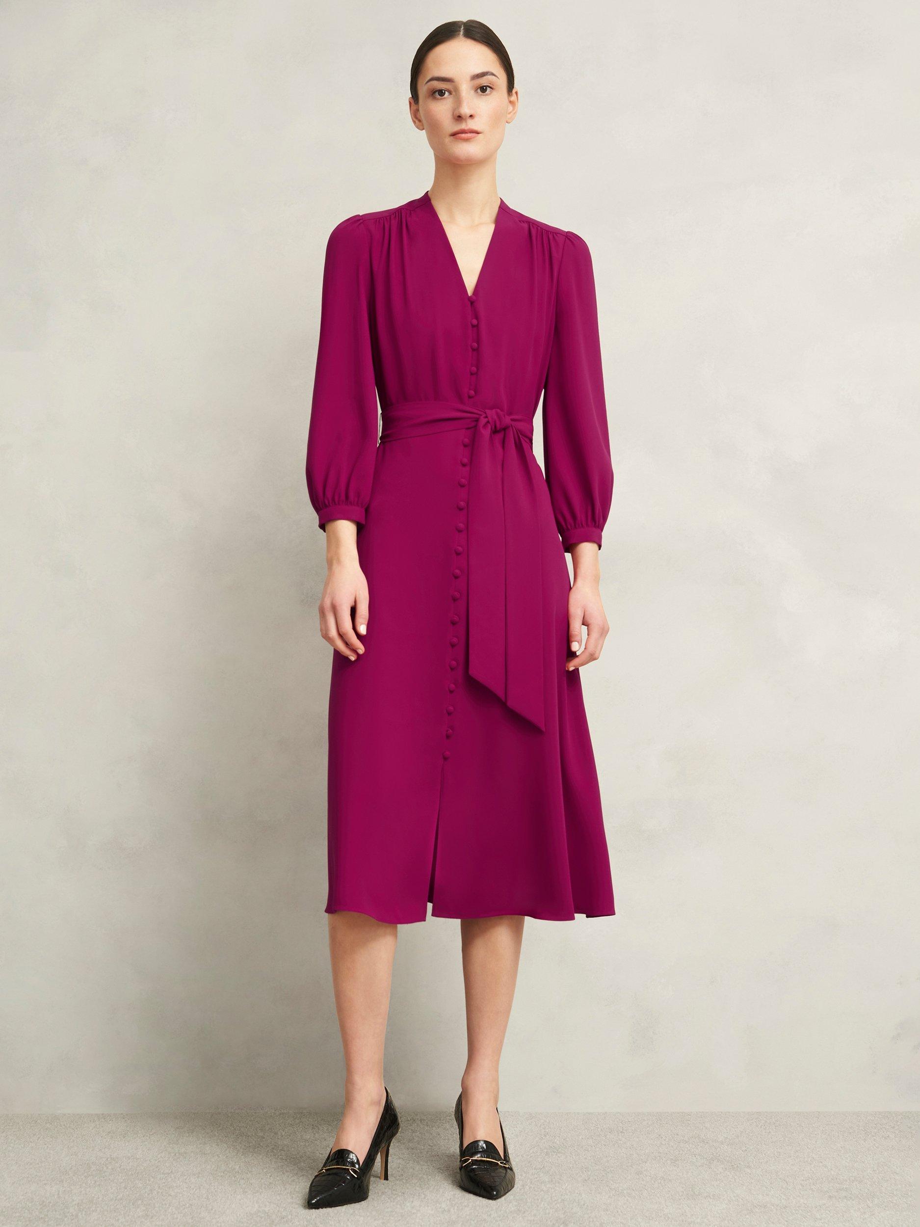 Product image 1 of 8, which shows Hobbs Petite Magnolia Flared Dress, Cerise Pink, 18