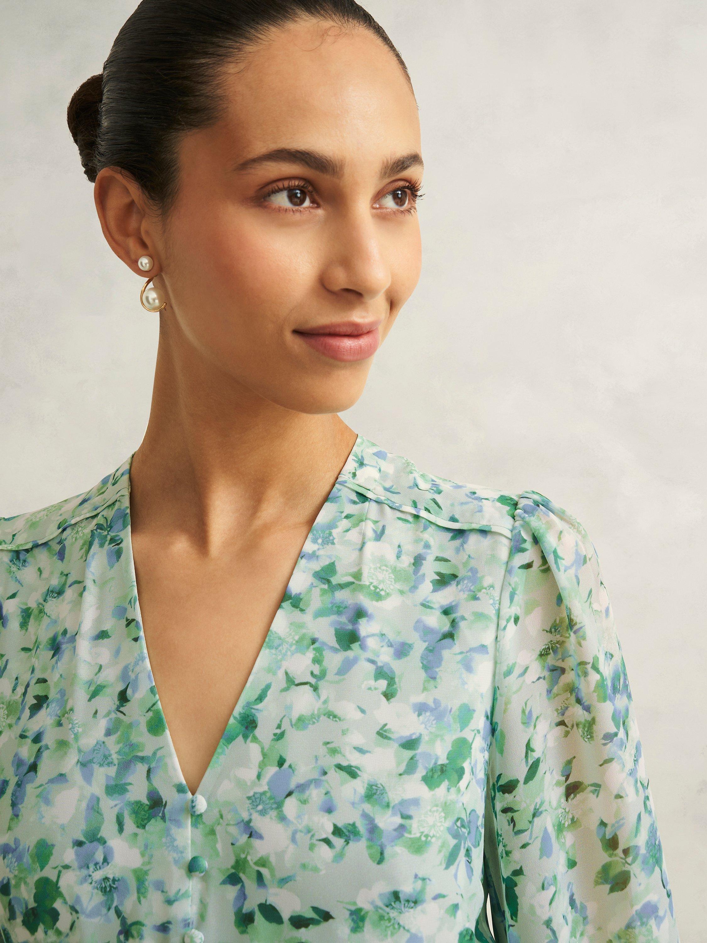 Product image 3 of 3, which shows Hobbs Petite Thea Watercolour Print Dress, Sage Green, 10