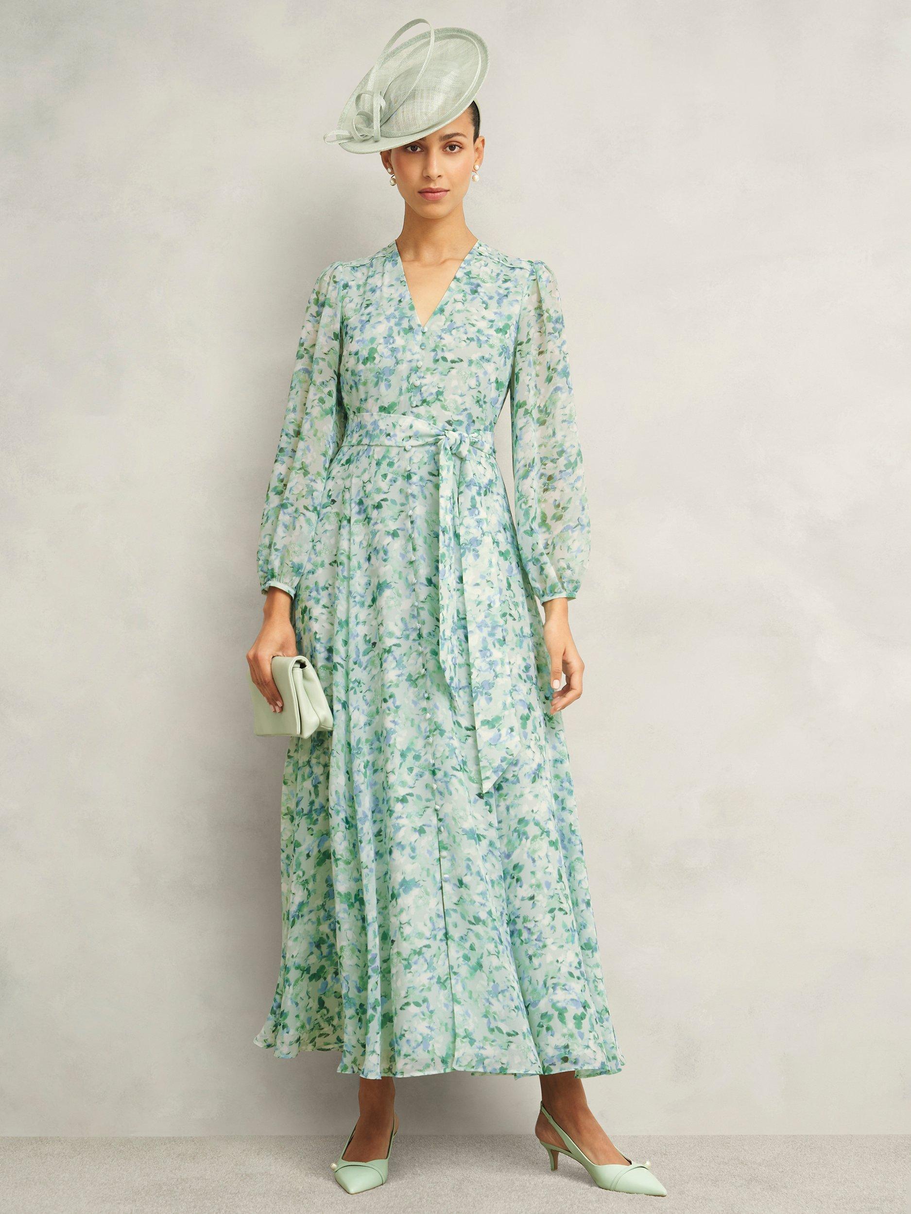 Product image 1 of 4, which shows Hobbs Thea Watercolour Maxi Dress, Sage Green, 10