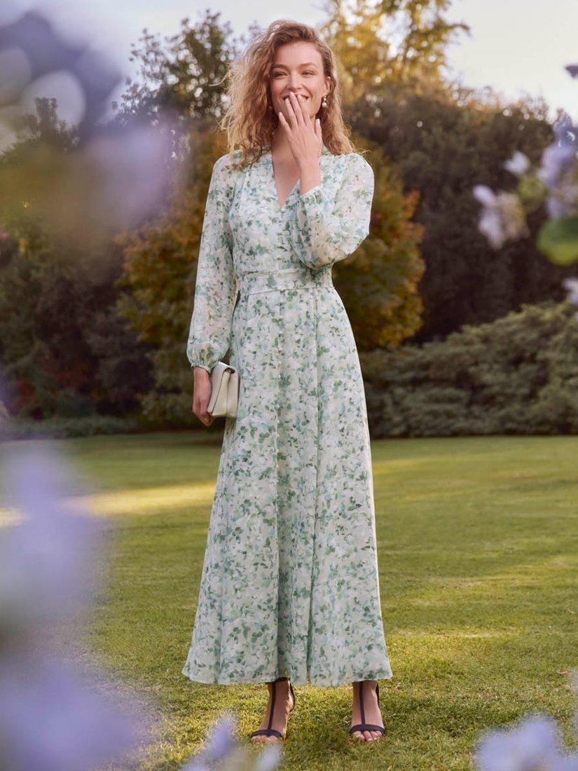 Product image 2 of 4, which shows Hobbs Thea Watercolour Maxi Dress, Sage Green, 10
