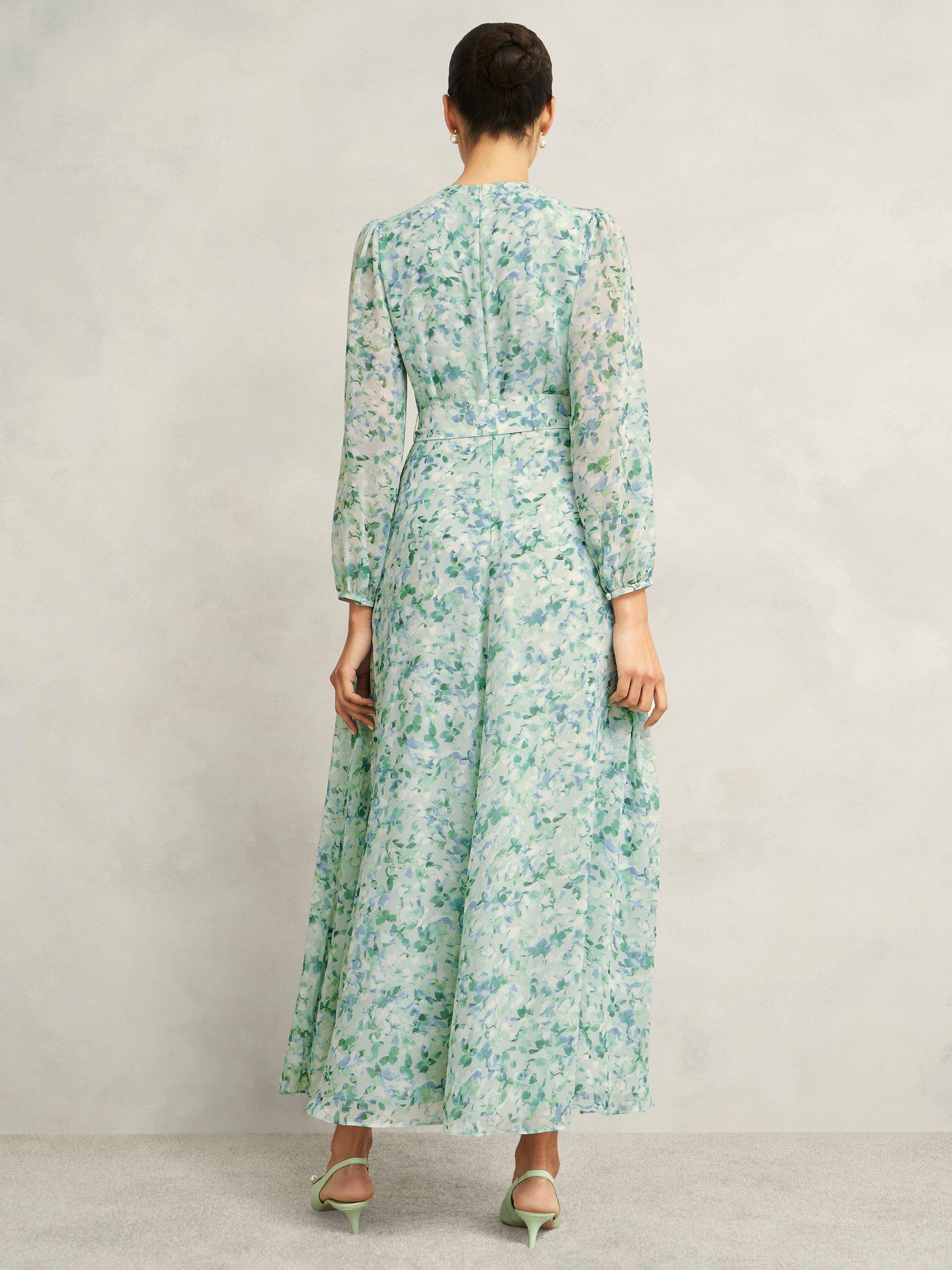 Product image 3 of 4, which shows Hobbs Thea Watercolour Maxi Dress, Sage Green, 10