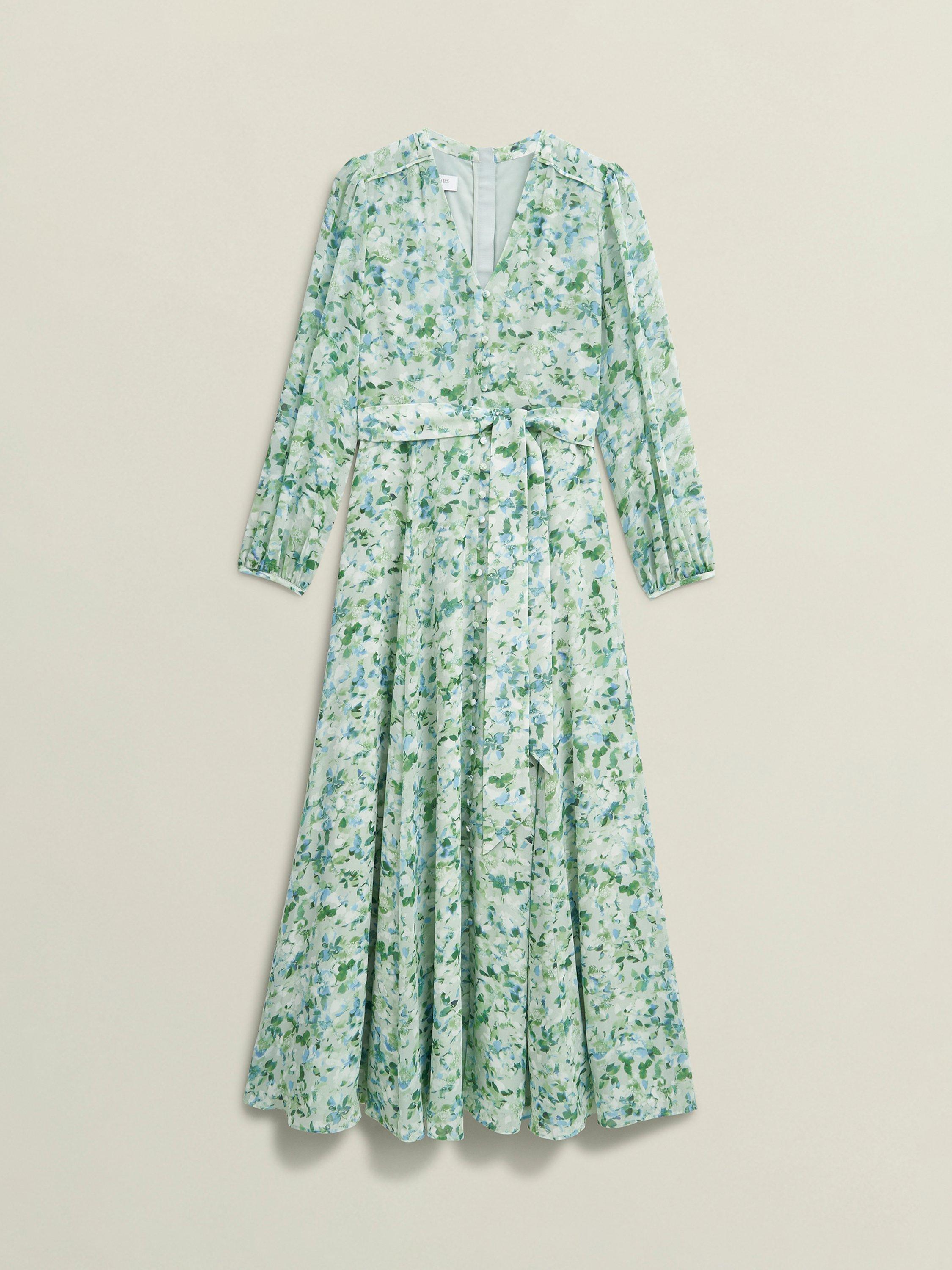 Product image 4 of 4, which shows Hobbs Thea Watercolour Maxi Dress, Sage Green, 10