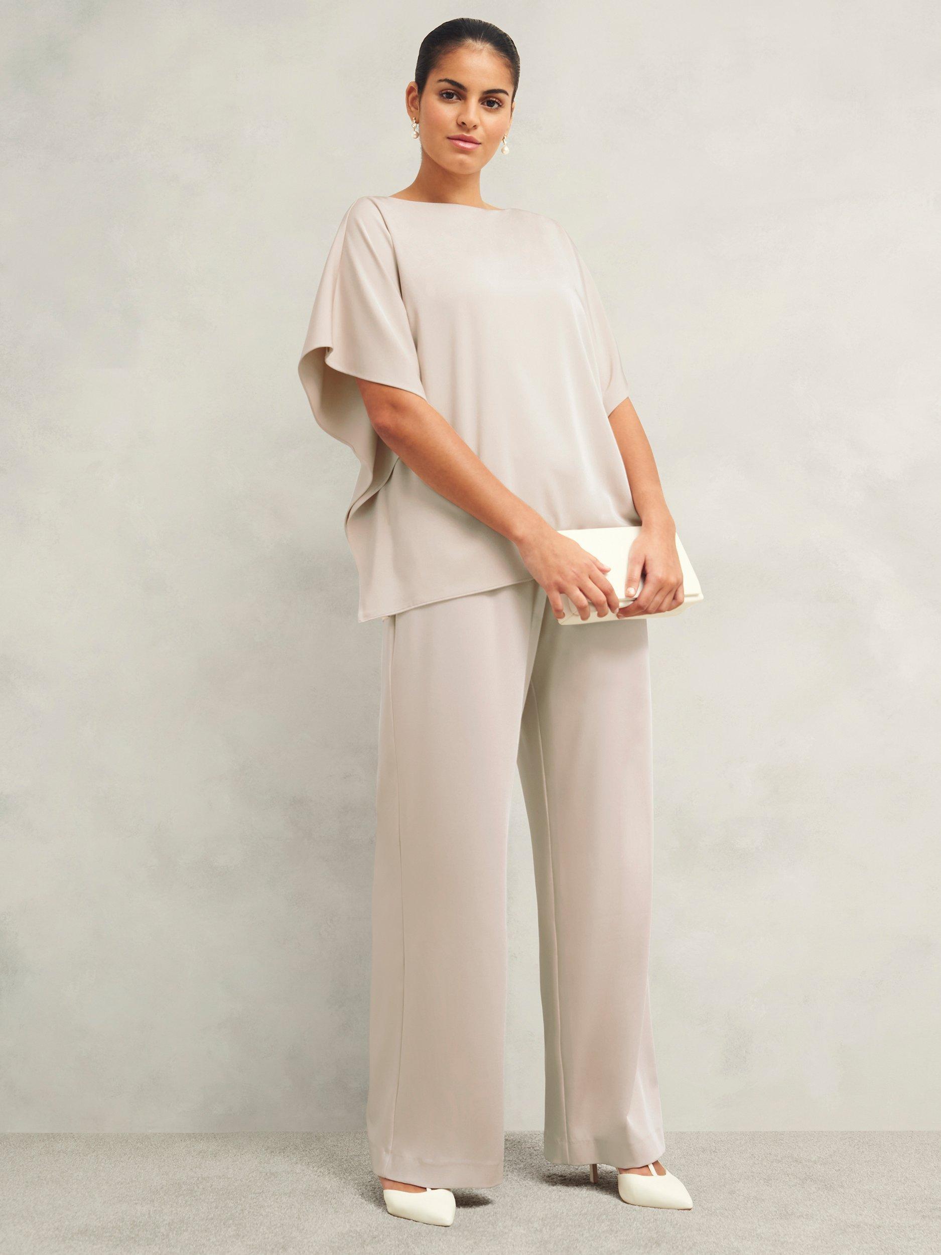 Product image 1 of 6, which shows Hobbs Delora Satin Twill Trousers, Oyster, 10