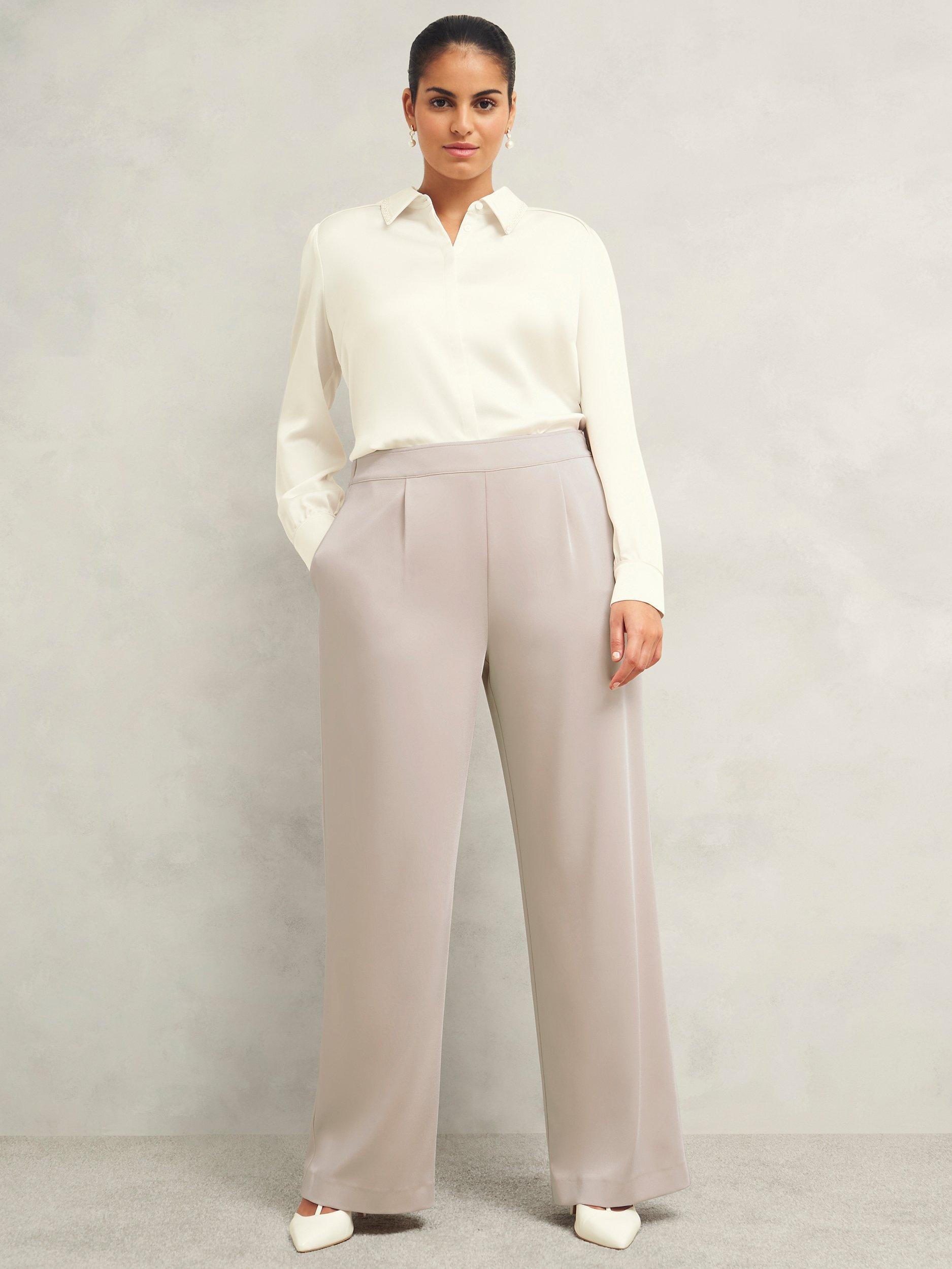 Product image 6 of 6, which shows Hobbs Delora Satin Twill Trousers, Oyster, 10
