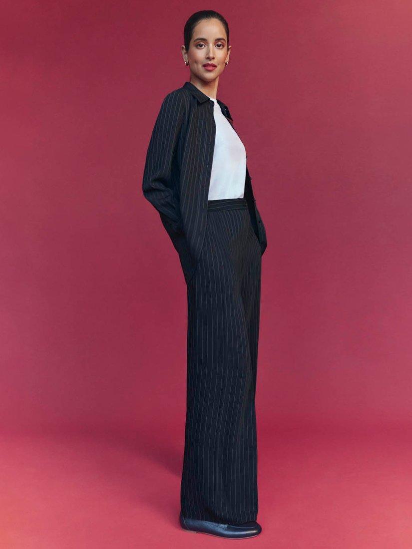 Product image 2 of 6, which shows Hobbs Hadley Pinstripe Trousers, Midnight/Ivory, 10