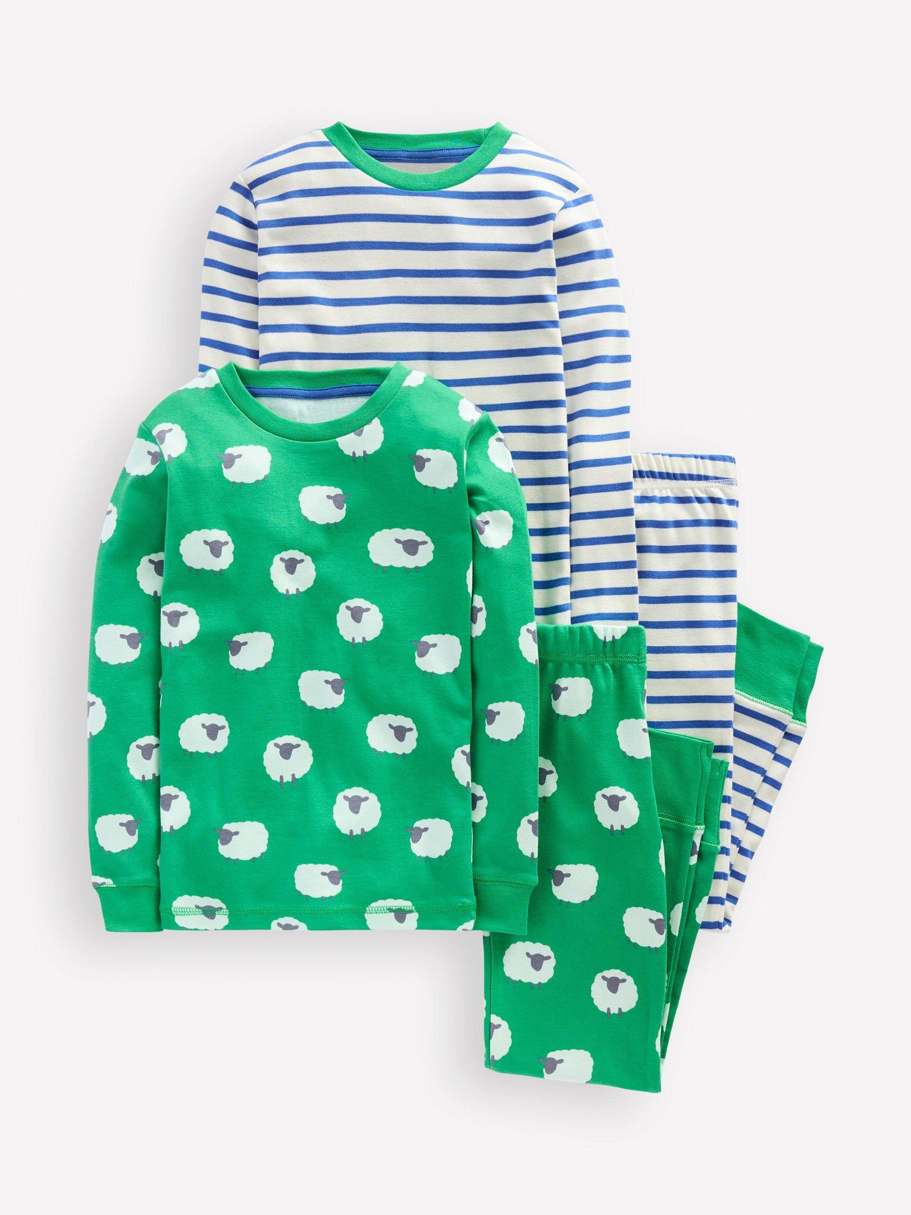 Product image 1 of 3, which shows Mini Boden Kids' Cotton Pyjamas, Pack of 2, Green/Multi, 2 years