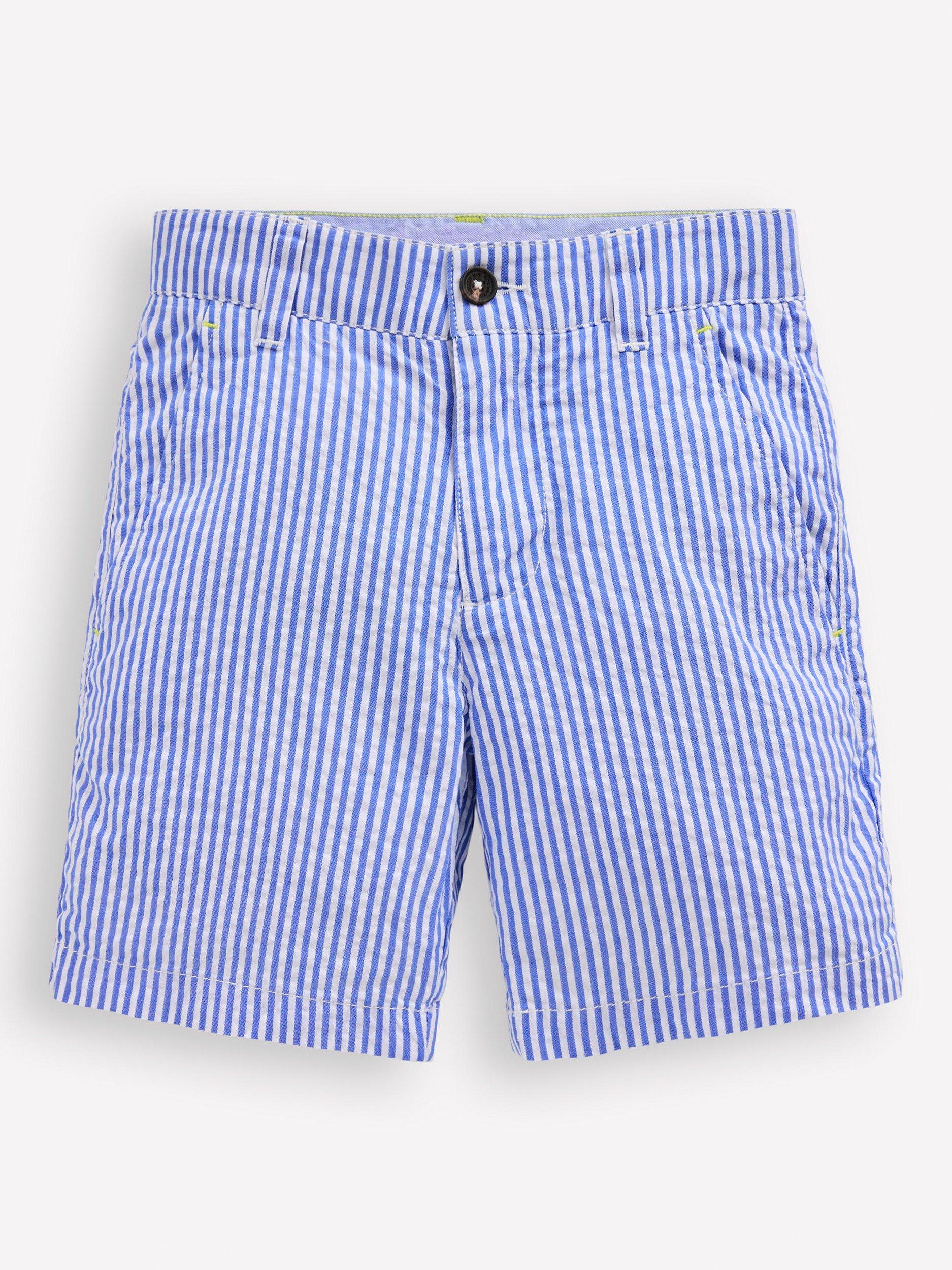 Product image 1 of 3, which shows Mini Boden Kids' Cotton Seersucker Shorts, Blue Ticking Stripe, 2-3 years