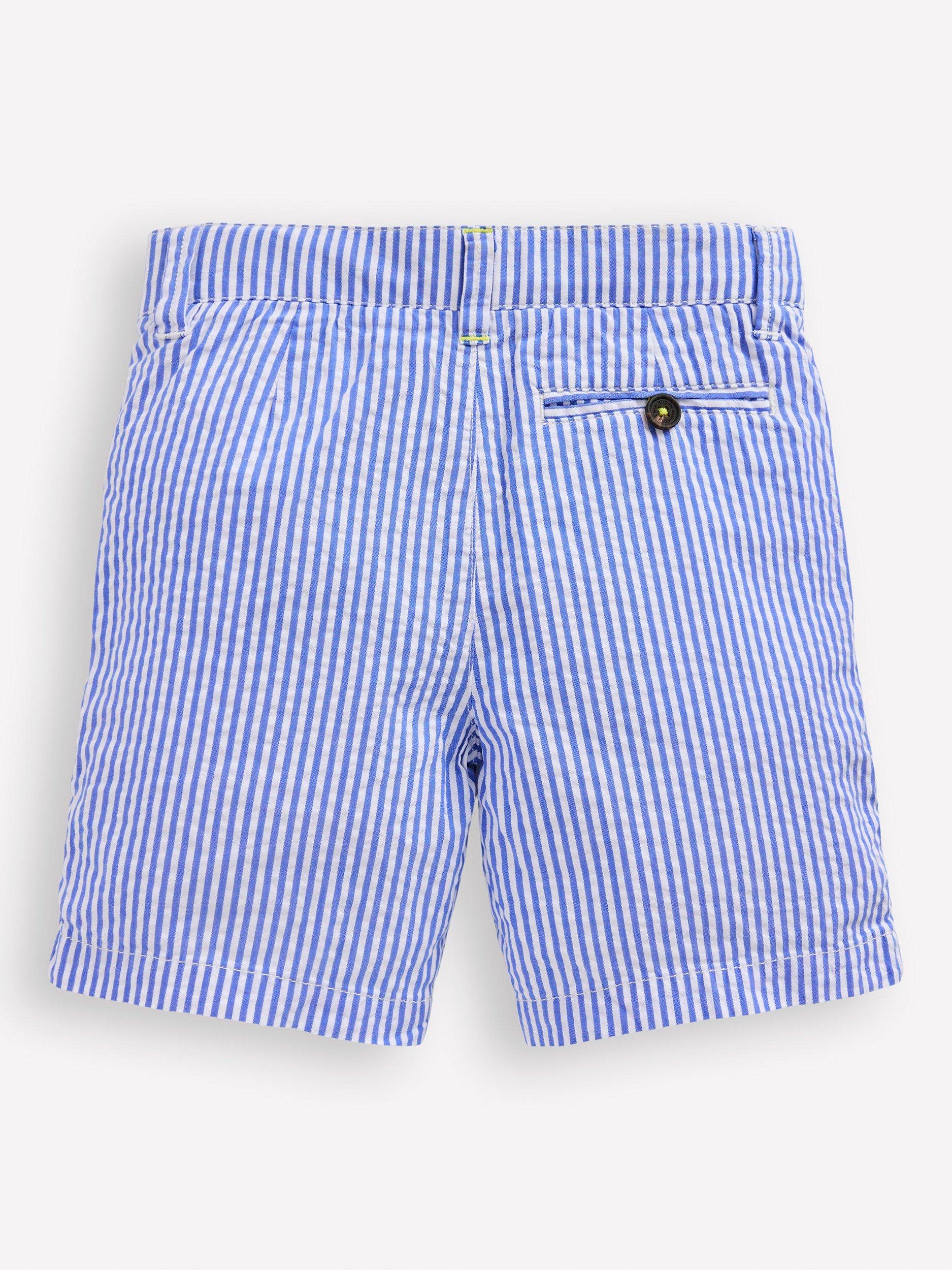 Product image 2 of 3, which shows Mini Boden Kids' Cotton Seersucker Shorts, Blue Ticking Stripe, 2-3 years