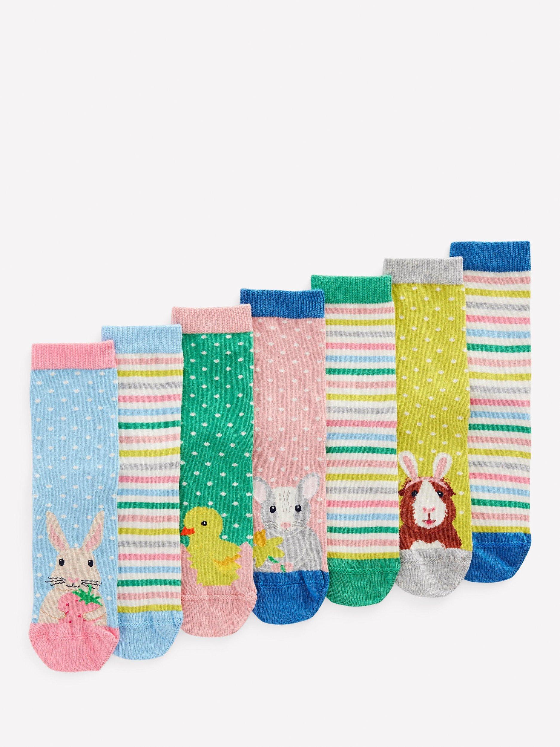 Product image 1 of 2, which shows Mini Boden Kids' Cotton Blend Easter Socks, Pack of 7, Multi, 9-12