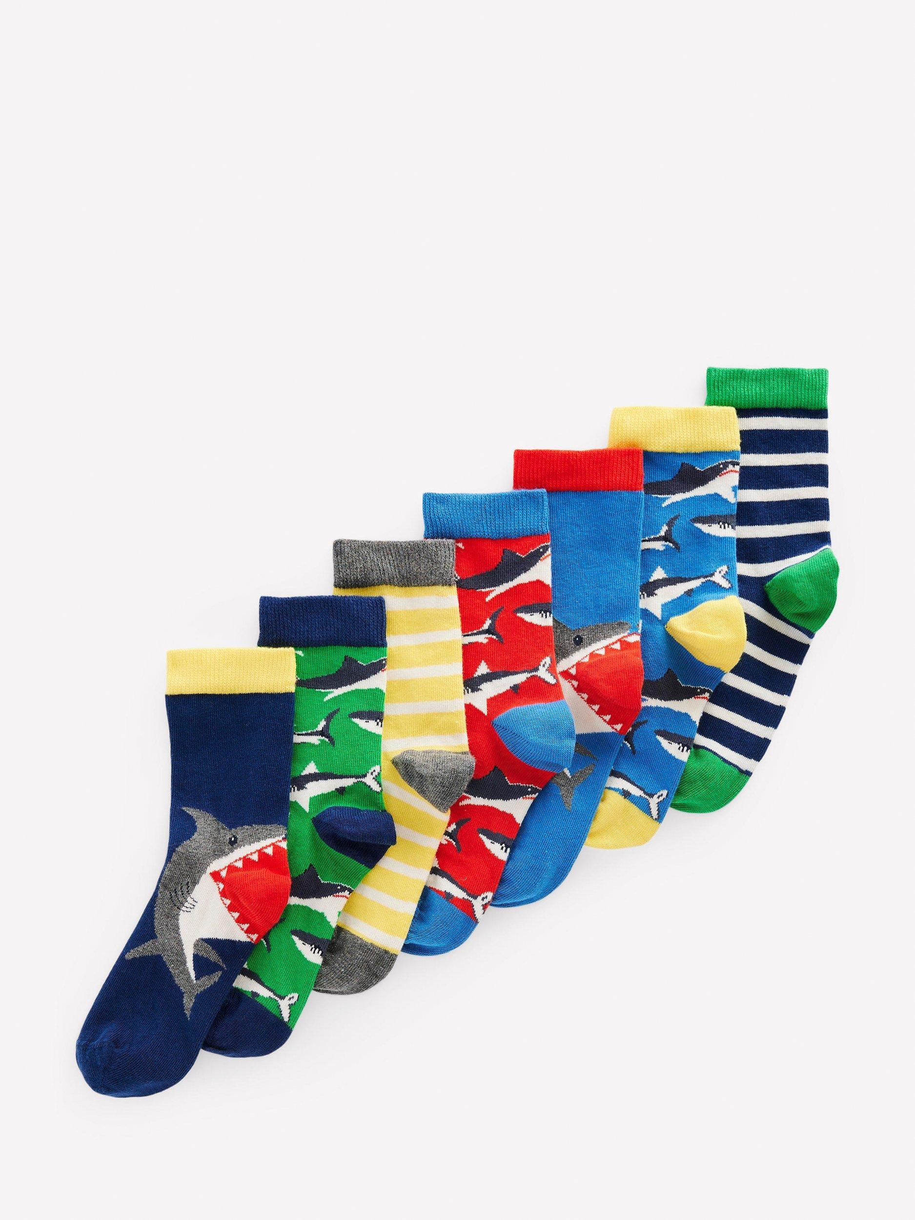 Product image 1 of 2, which shows Mini Boden Kids' Cotton Blend Shark Socks, Pack of 7, Multi, 6-8.5