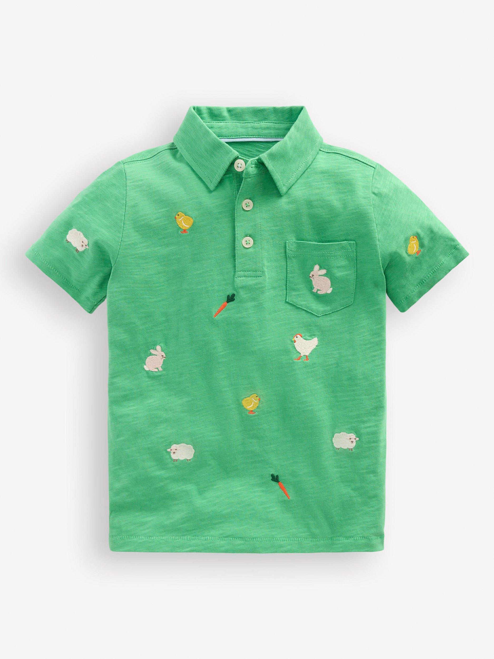 Mini Boden Kids' Embroidered Slub Polo Shirt, Green/Multi