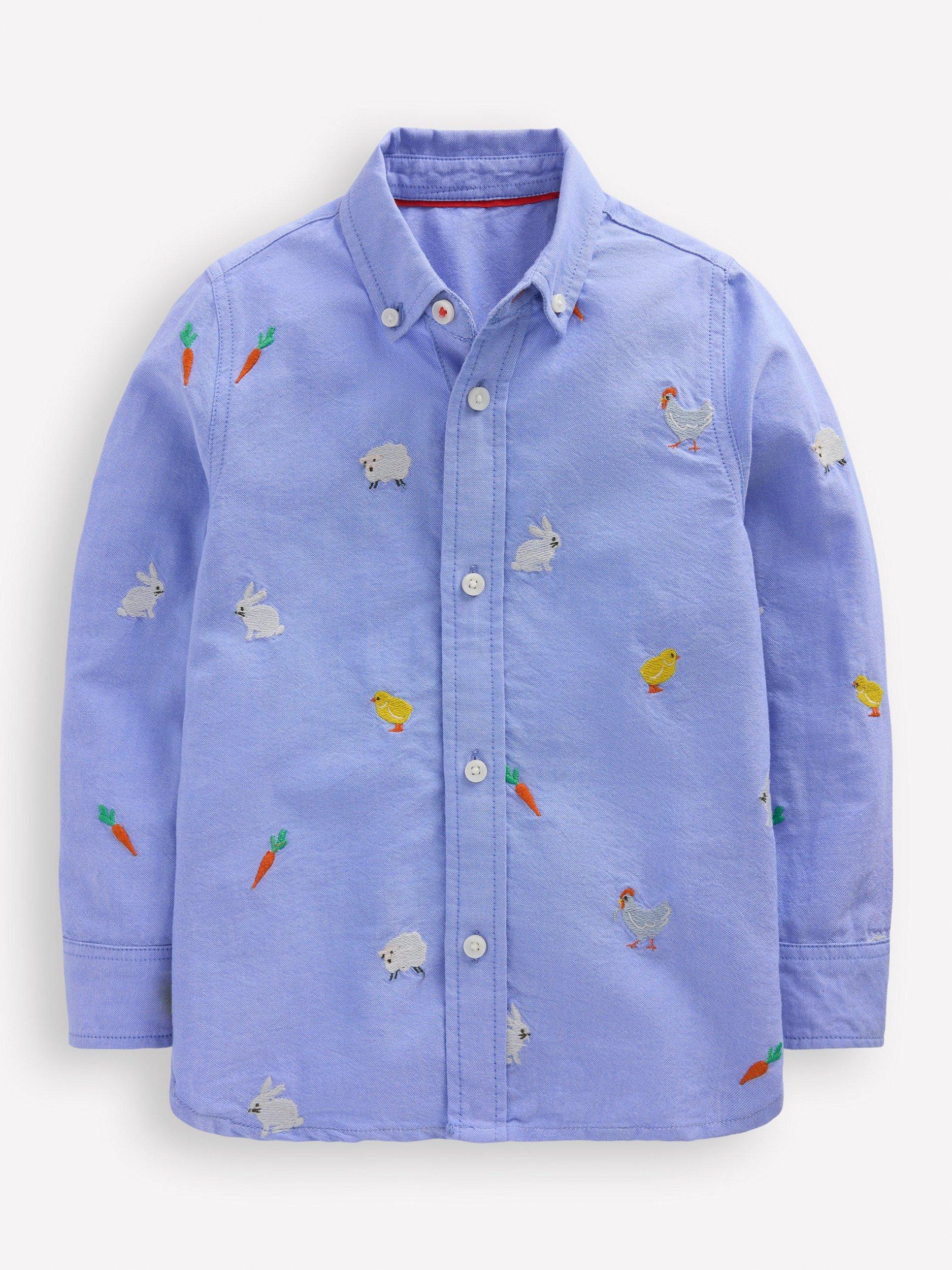 Product image 1 of 3, which shows Mini Boden Kids' Cotton Spring Embroidered Shirt, Blue/Multi, 7-8 years