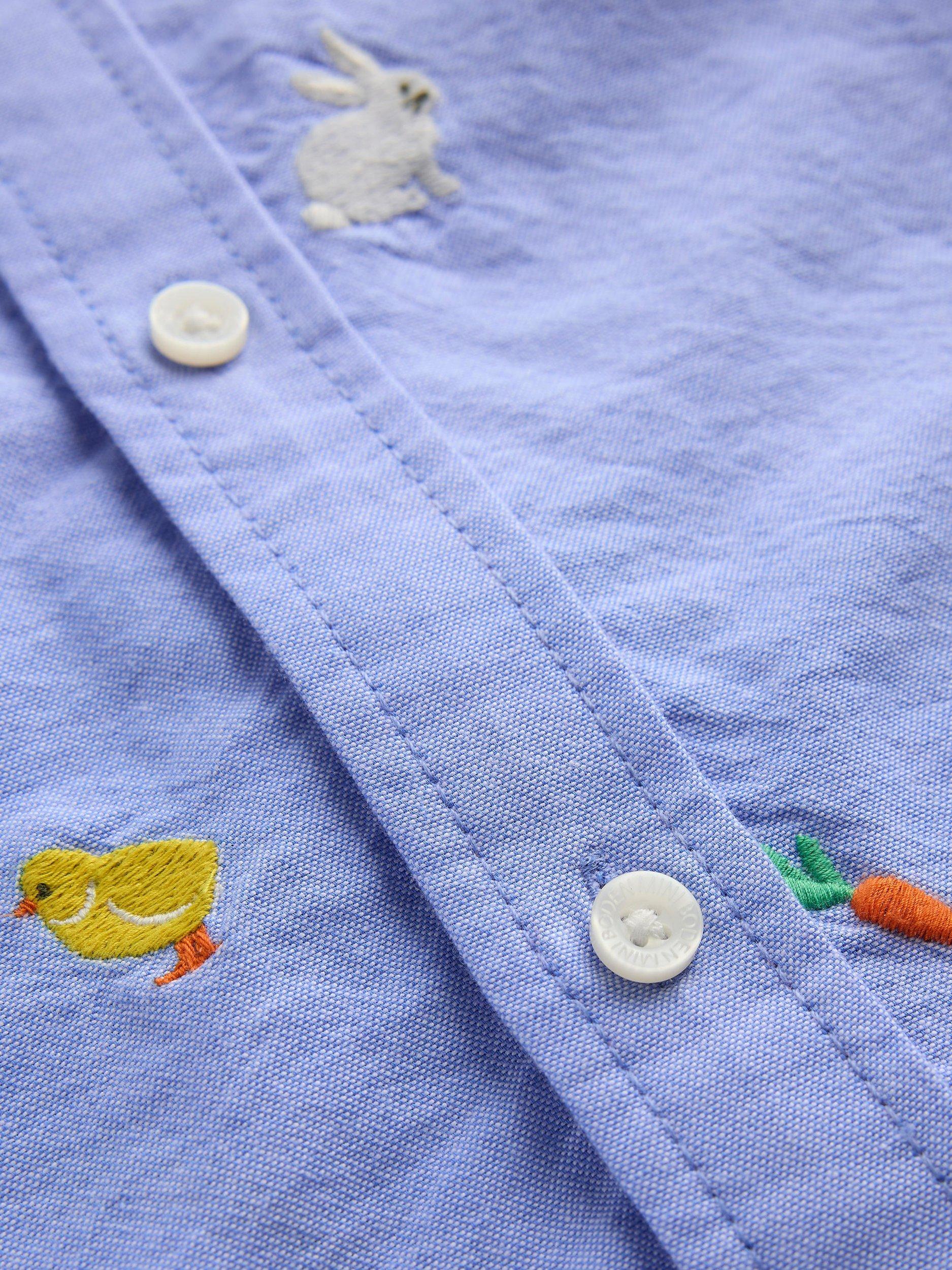 Product image 3 of 3, which shows Mini Boden Kids' Cotton Spring Embroidered Shirt, Blue/Multi, 7-8 years