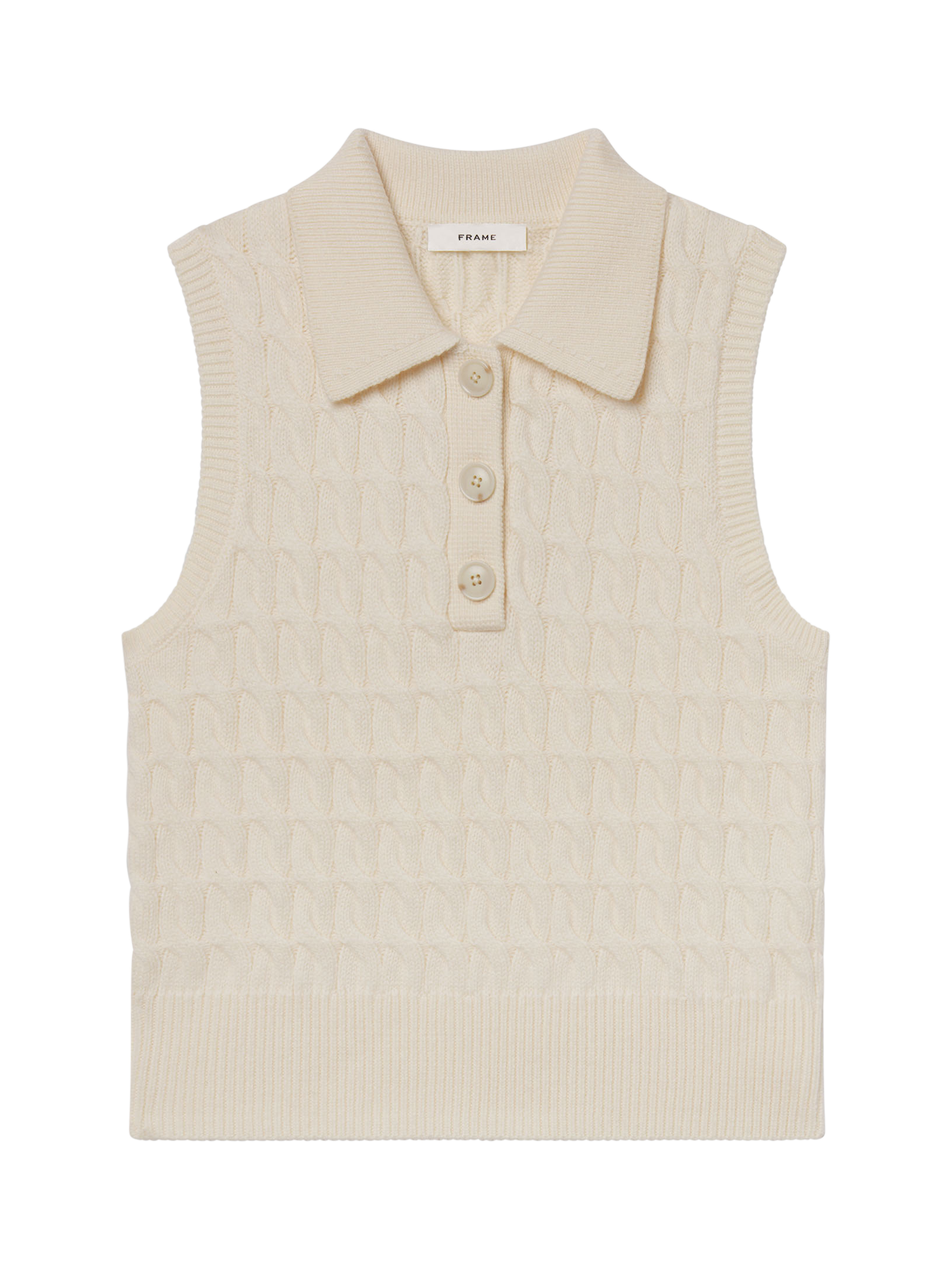 Product image 1 of 4, which shows FRAME Cable Knit Pure Wool Polo Vest Top, Cream, XL