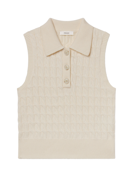 FRAME Cable Knit Pure Wool Polo Vest Top, Cream, Cream