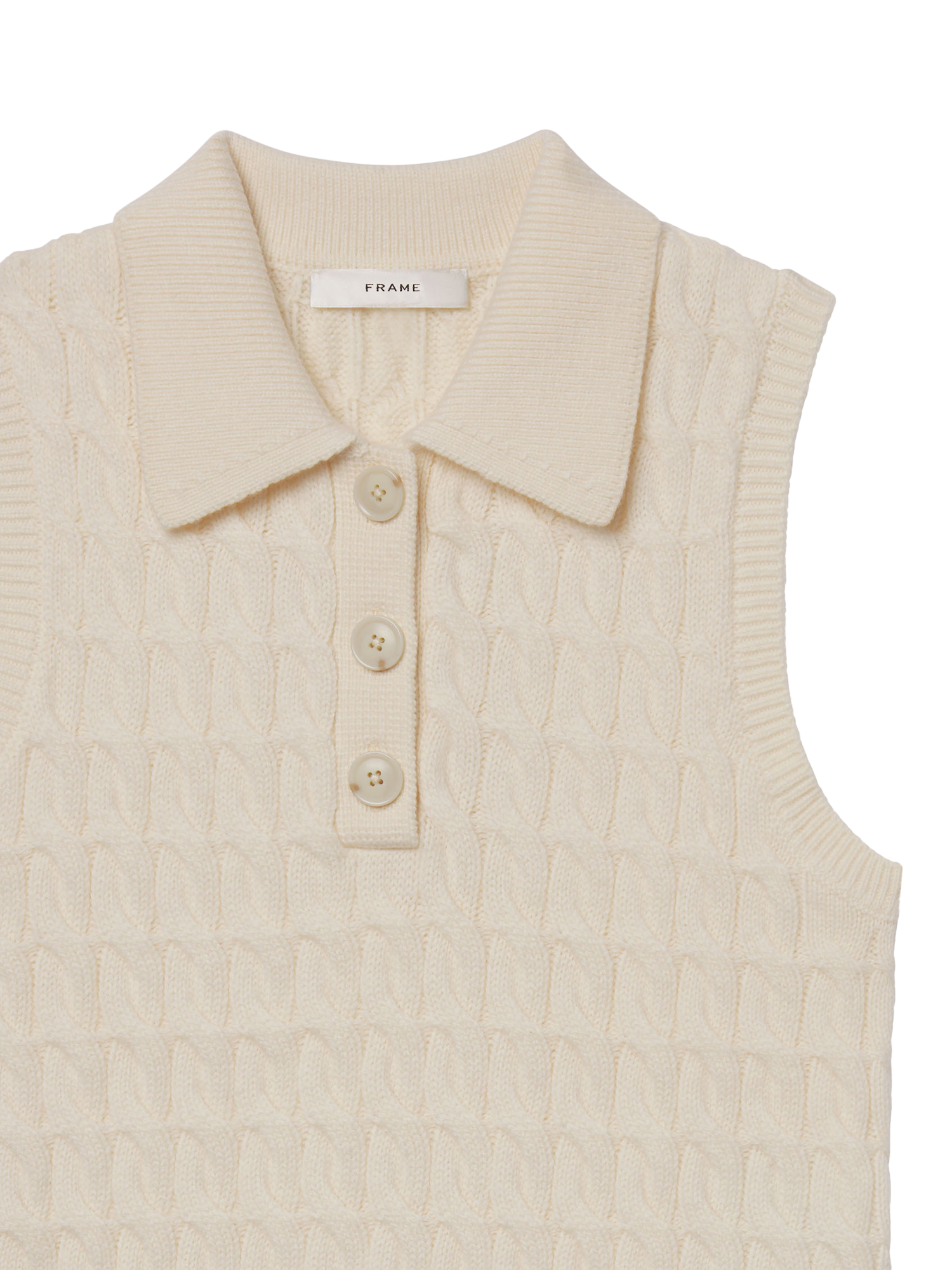 Product image 3 of 4, which shows FRAME Cable Knit Pure Wool Polo Vest Top, Cream, XL