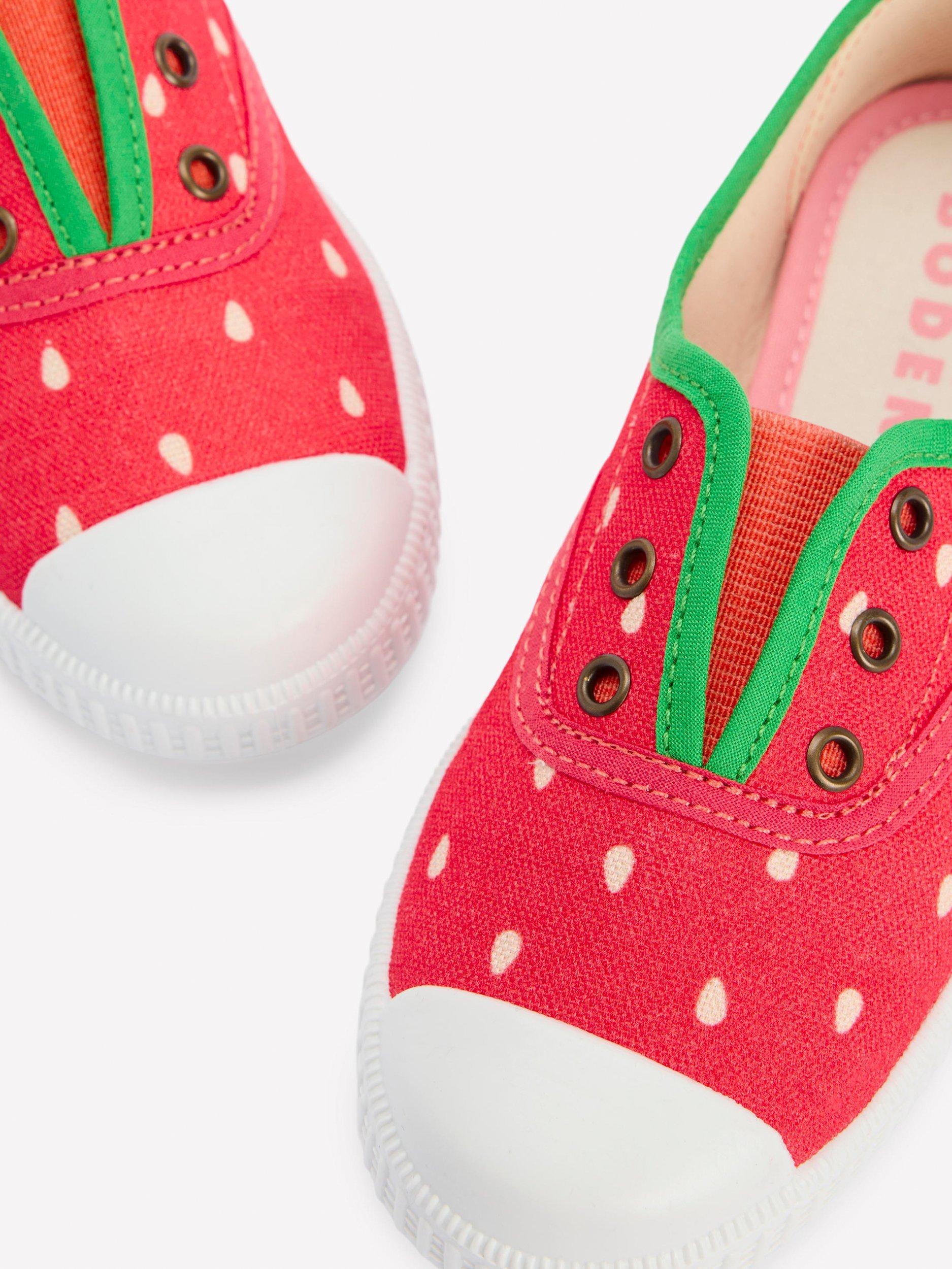 Product image 3 of 3, which shows Mini Boden Kids' Laceless Canvas Plimsolls, Strawberry, 1