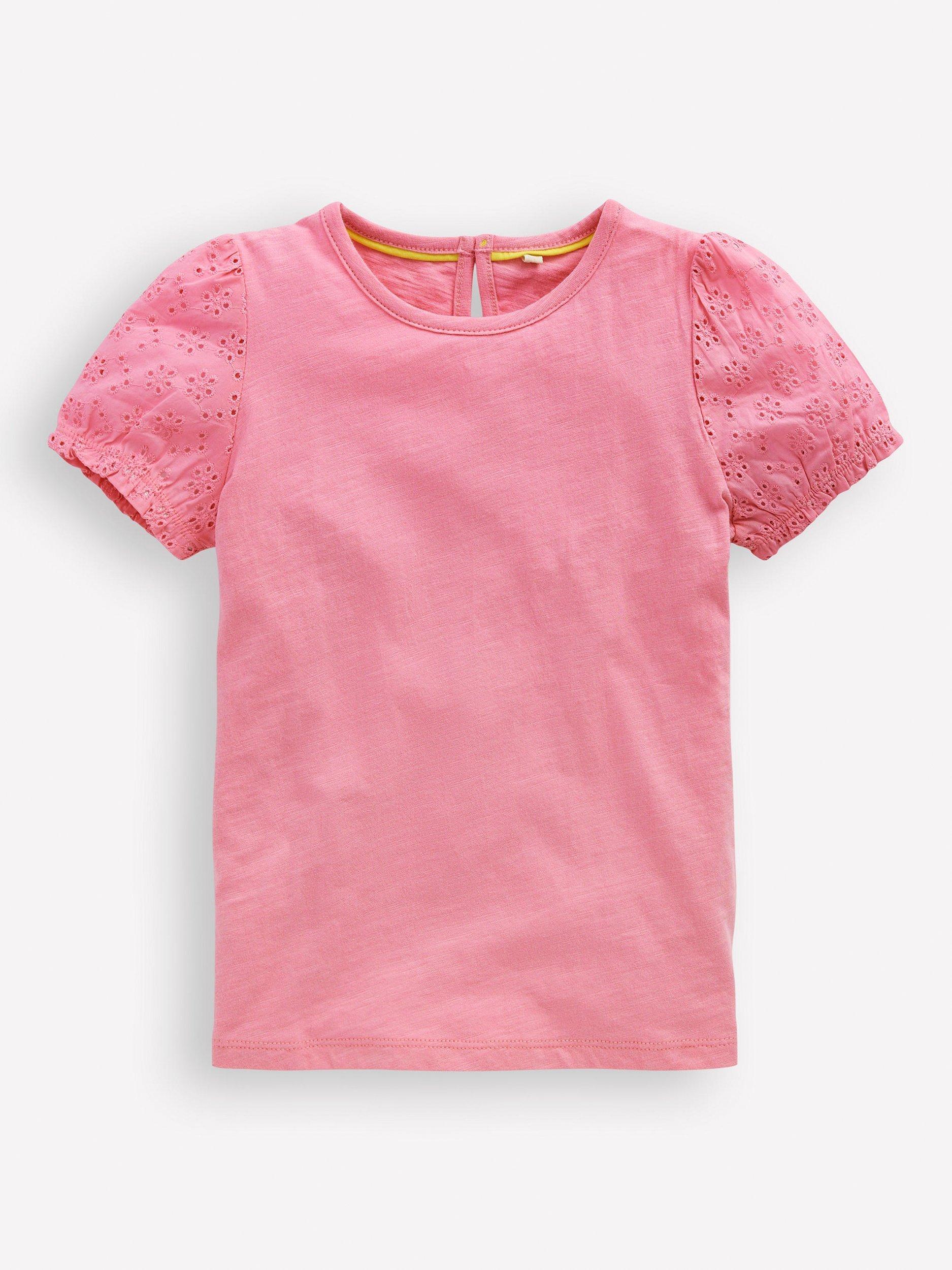 Mini Boden Kids' Broderie Cotton Blend T-Shirt, Bubblegum Pink