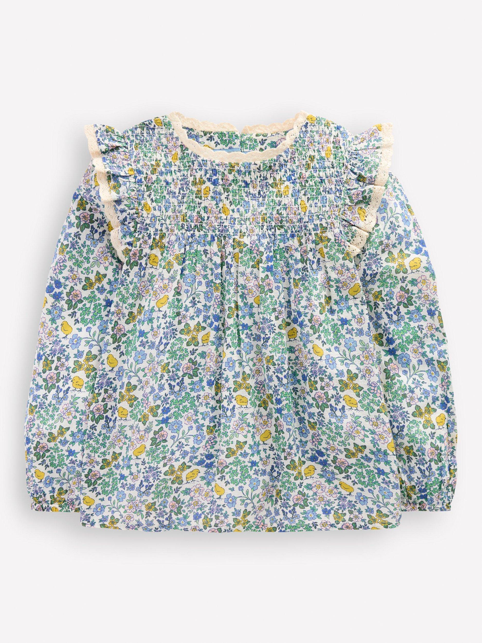 Product image 1 of 3, which shows Mini Boden Kids' Dorothy Smock Blouse, White Chick Floral, 2-3 years