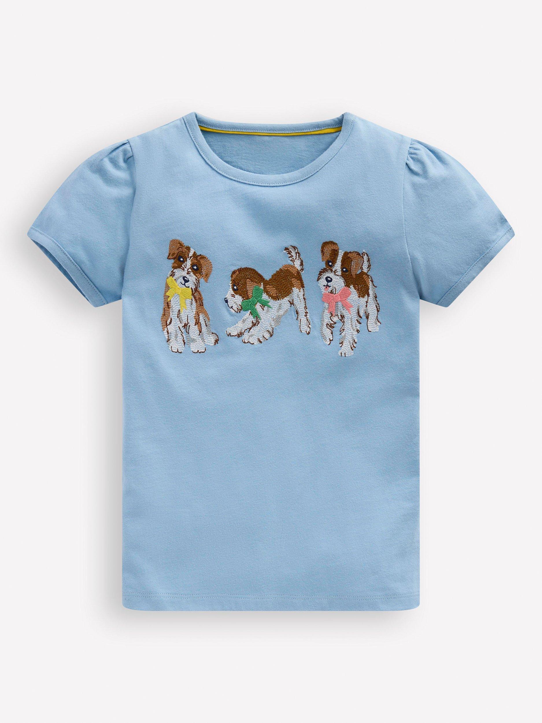 Mini Boden Kids' Cotton Puff Sleeve Superstitch T-Shirt, Glacier Blue Dogs