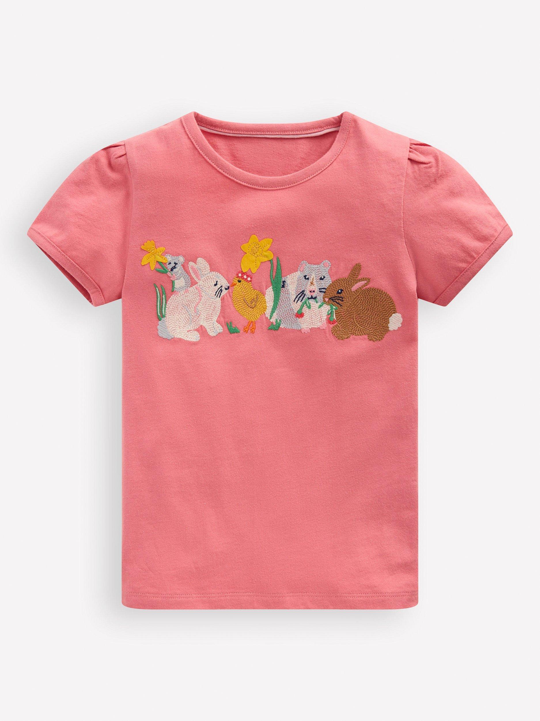 Mini Boden Kids' Cotton Puff Sleeve Superstitch T-Shirt, Blossom Pink Bunnies