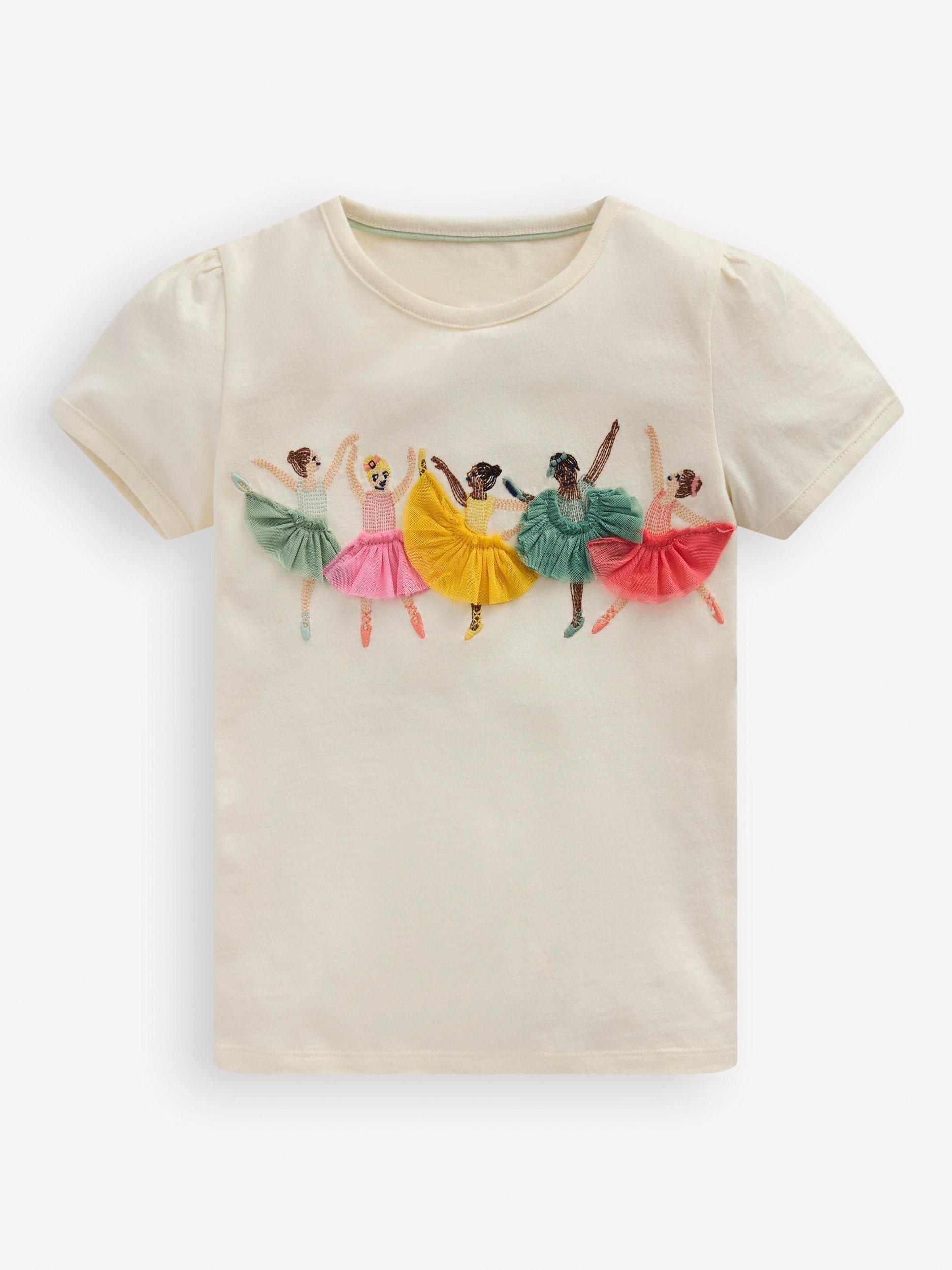 Mini Boden Kids' Cotton Puff Sleeve Superstitch T-Shirt, Ivory Ballerinas
